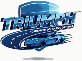 Blue logo for Triumph Academy of Defensive Driving featuring a shield, road path, and a stylized blue sports car.