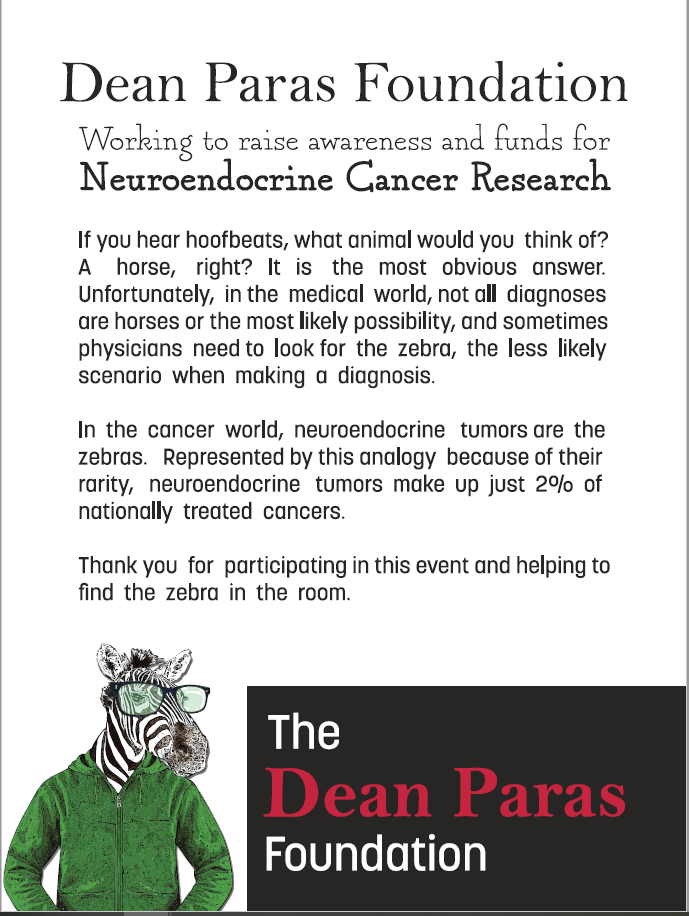 Flyer for Dean Paras Foundation, promoting neuroendocrine cancer research. It features a zebra illustration and explanatory text.