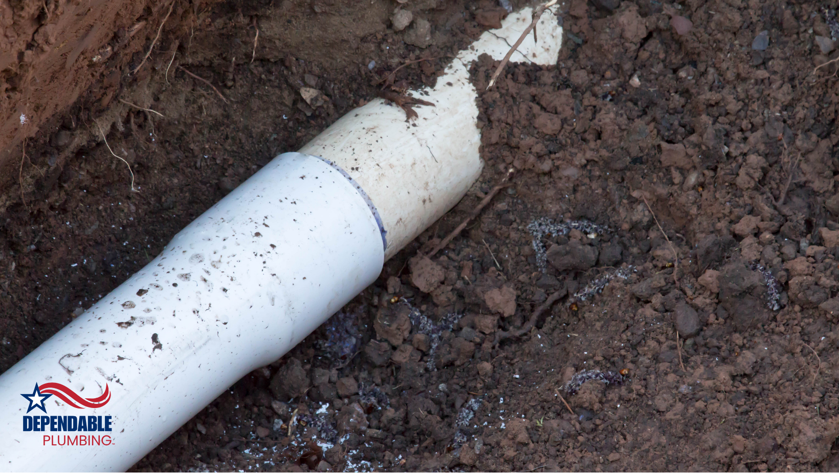 A white pipe is laying in the dirt. Sewer line.