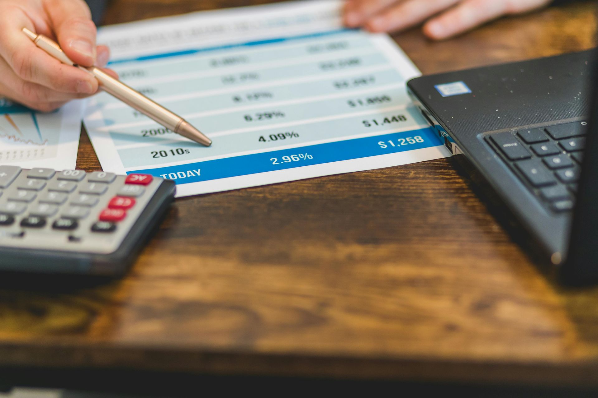Person pointing at financial data on a printout; a calculator and laptop sit on the wooden desk.