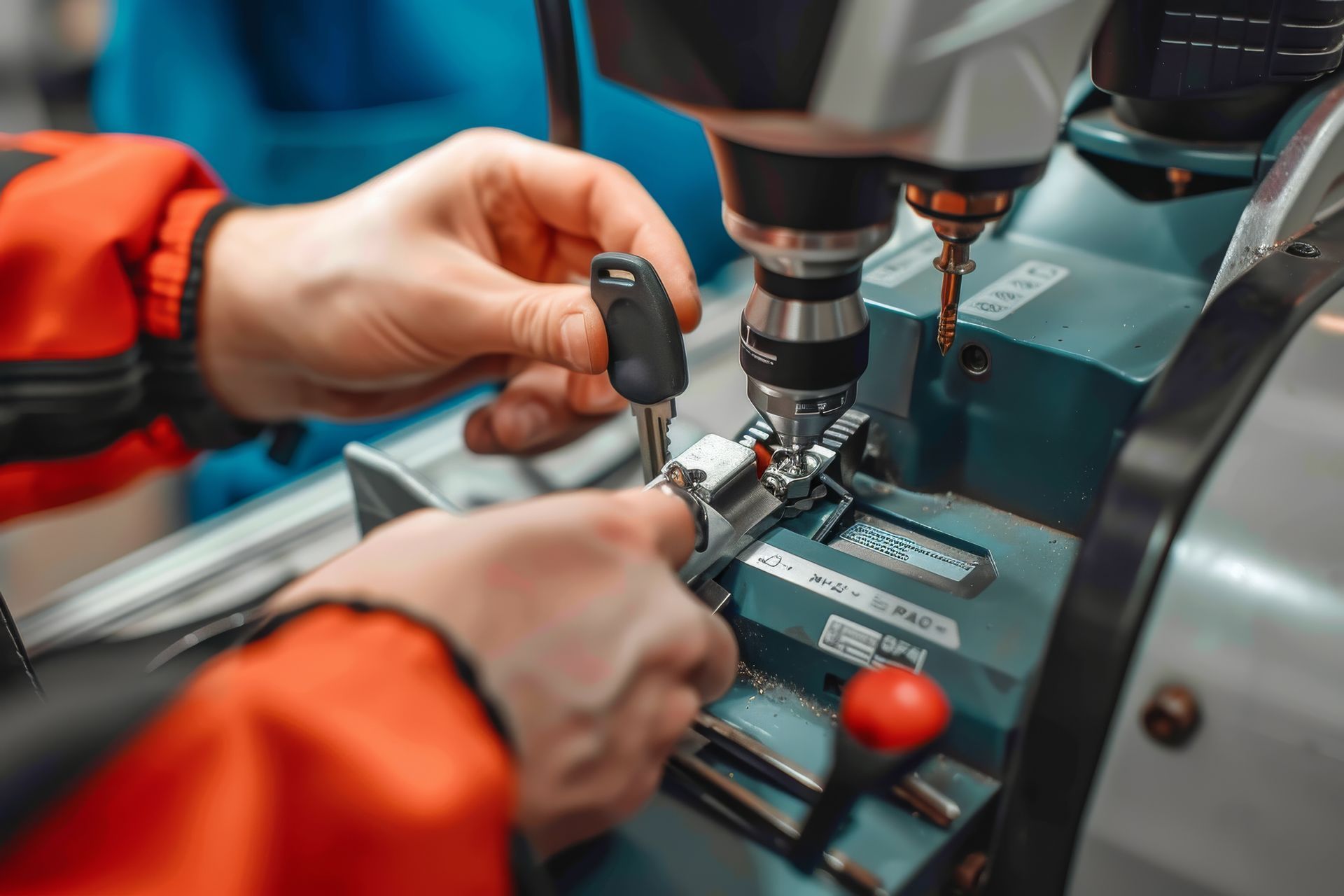Person using a key-cutting machine to duplicate a car key. Hands, metal, red/blue clothing, workshop.