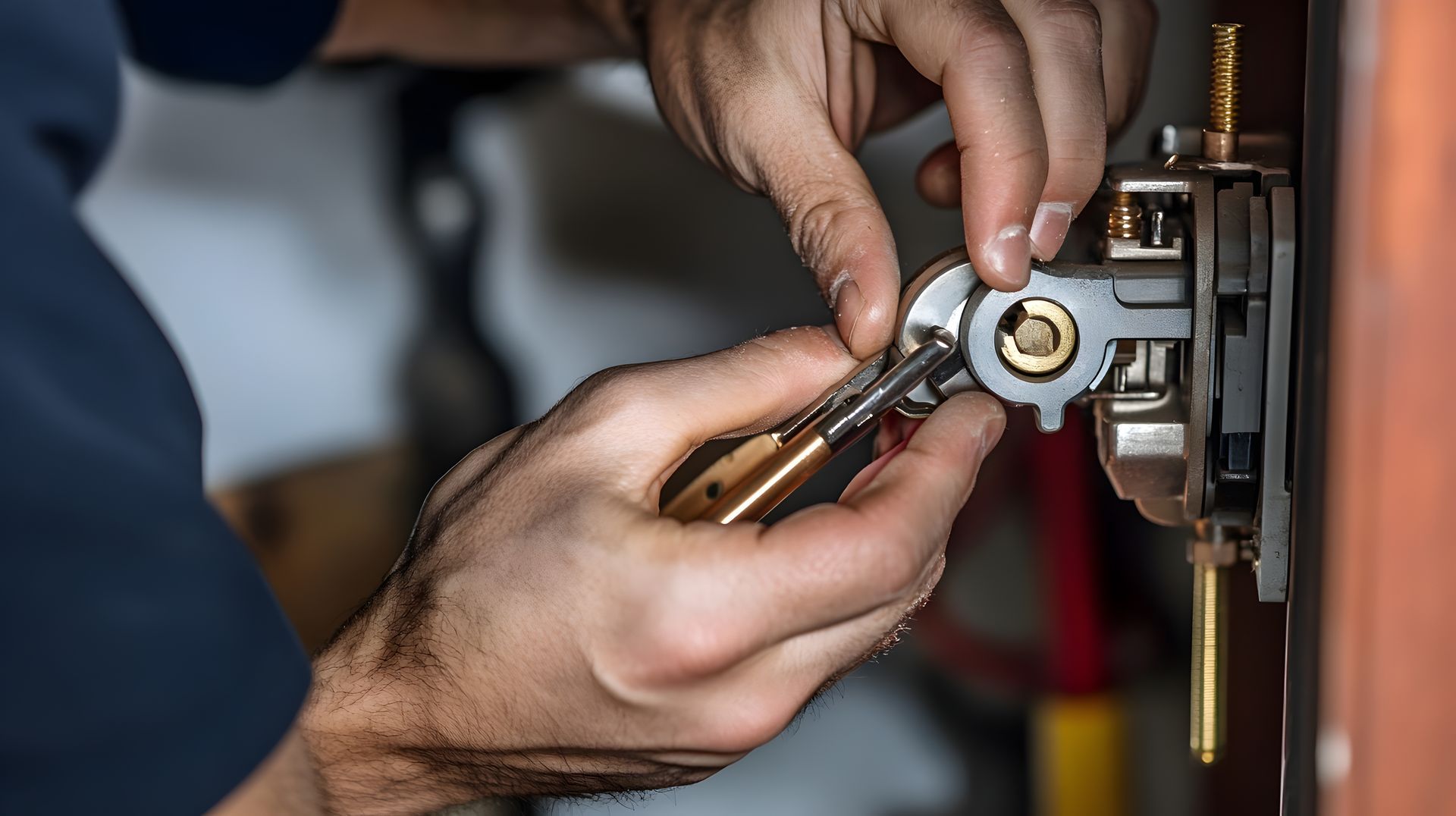 A man is fixing a door lock with a wrench.
