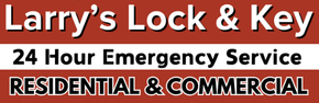 Larry's Lock & Key Larry's Lock & Key logo. Red background with white text: