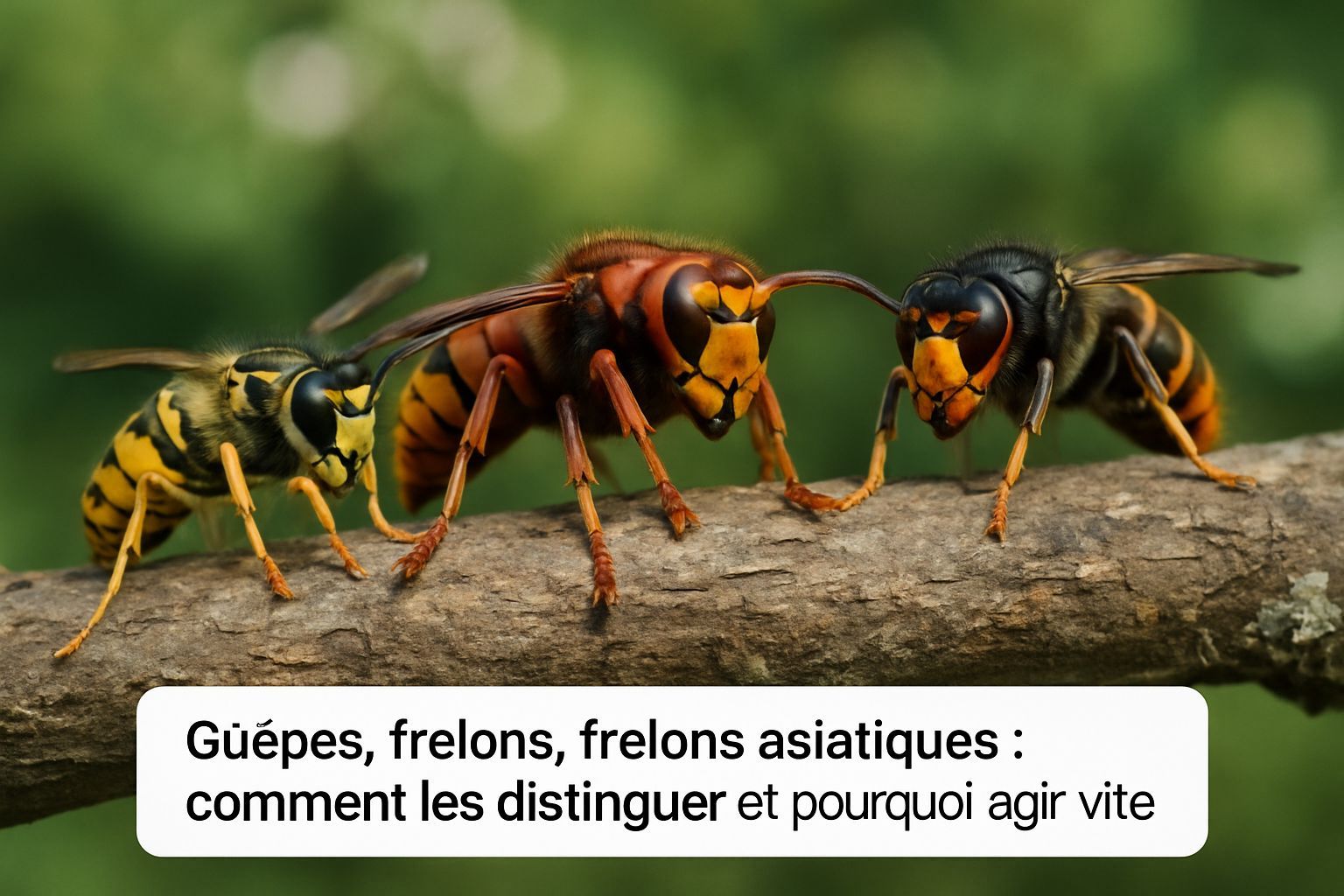 Guêpes, frelon européen et frelon asiatique sur une branche