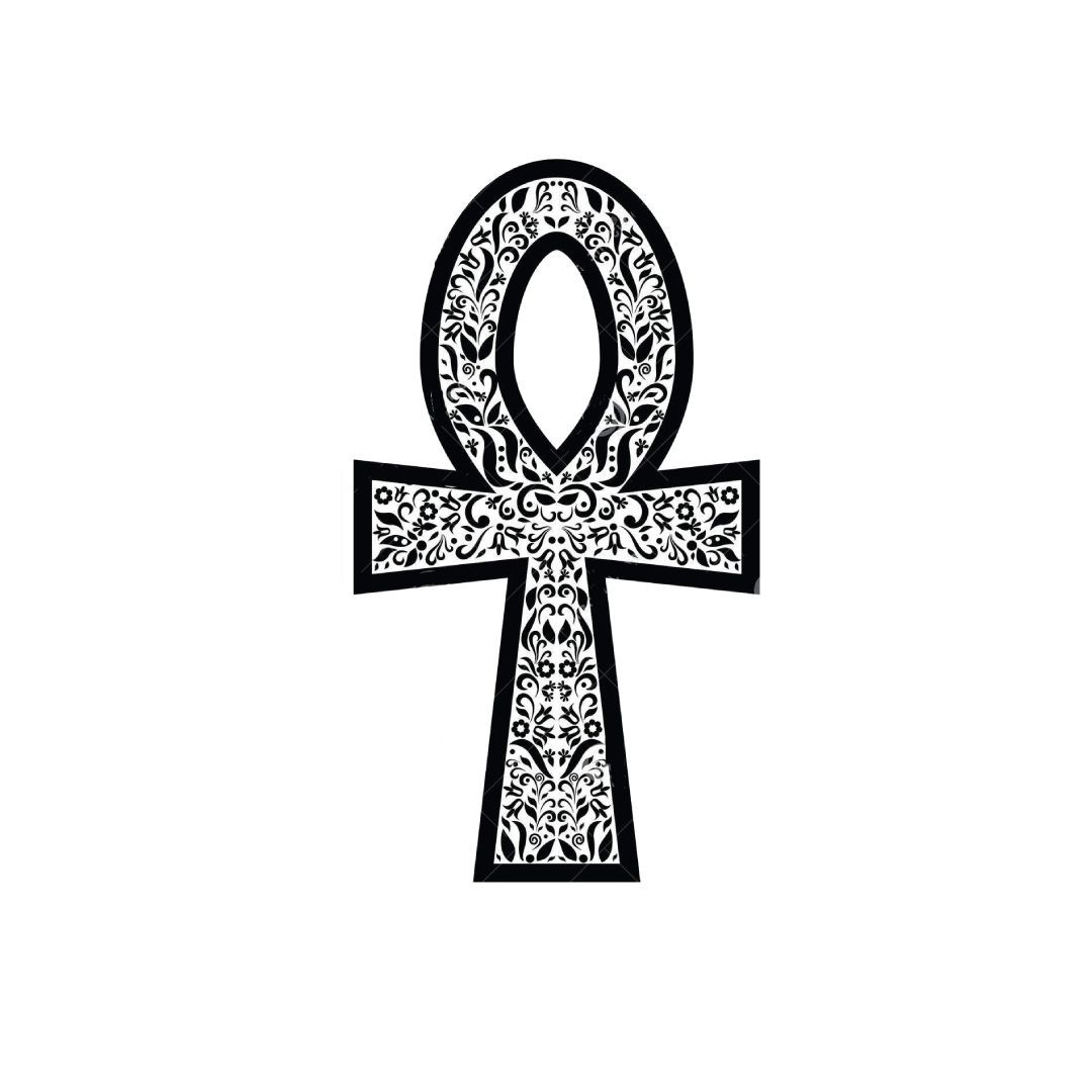 Símbolo Ankh, relleno de patrón floral en blanco y negro, sobre fondo blanco.