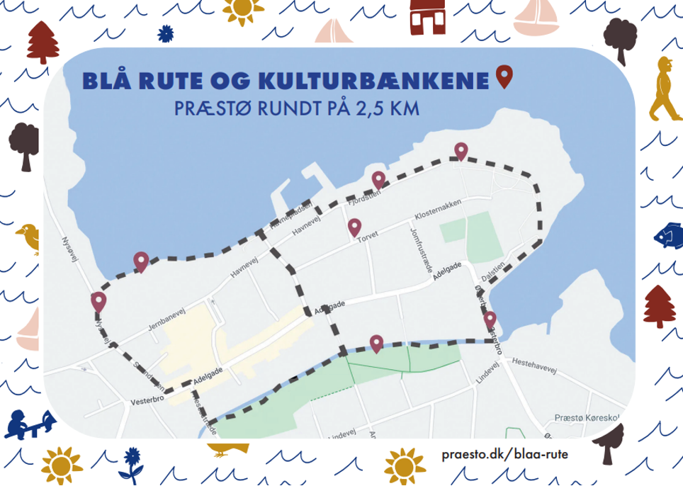 Et kort over en by med ordene blå rute og kulturbænkene på det