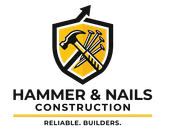 Hammer & Nails Construction logo with black-and-yellow shield, hammer and nails, and &ldquo;Reliable. Builders.&rdquo; tagline