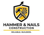 Hammer & Nails Construction logo with black-and-yellow shield, hammer and nails, and &ldquo;Reliable. Builders.&rdquo; tagline