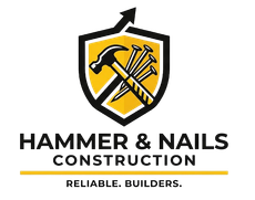 Hammer & Nails Construction logo with black-and-yellow shield, hammer and nails, and &ldquo;Reliable. Builders.&rdquo; tagline