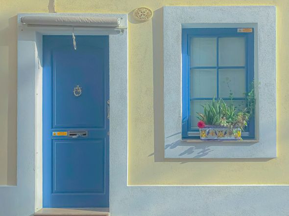 Blue door and matching window on a light-colored house facade with a small potted plant on the sill.