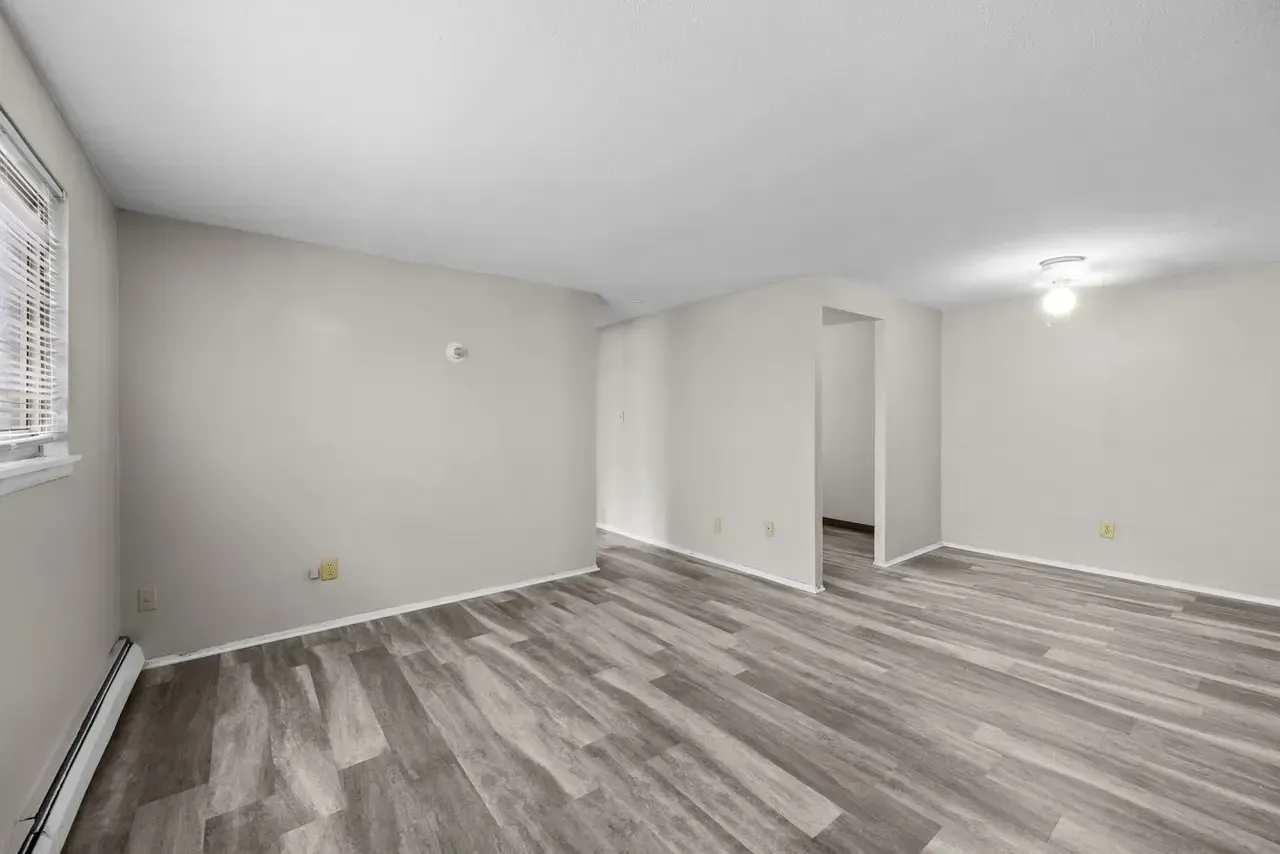 An empty living room with light gray walls, wood-look flooring, and a single ceiling light fixture.