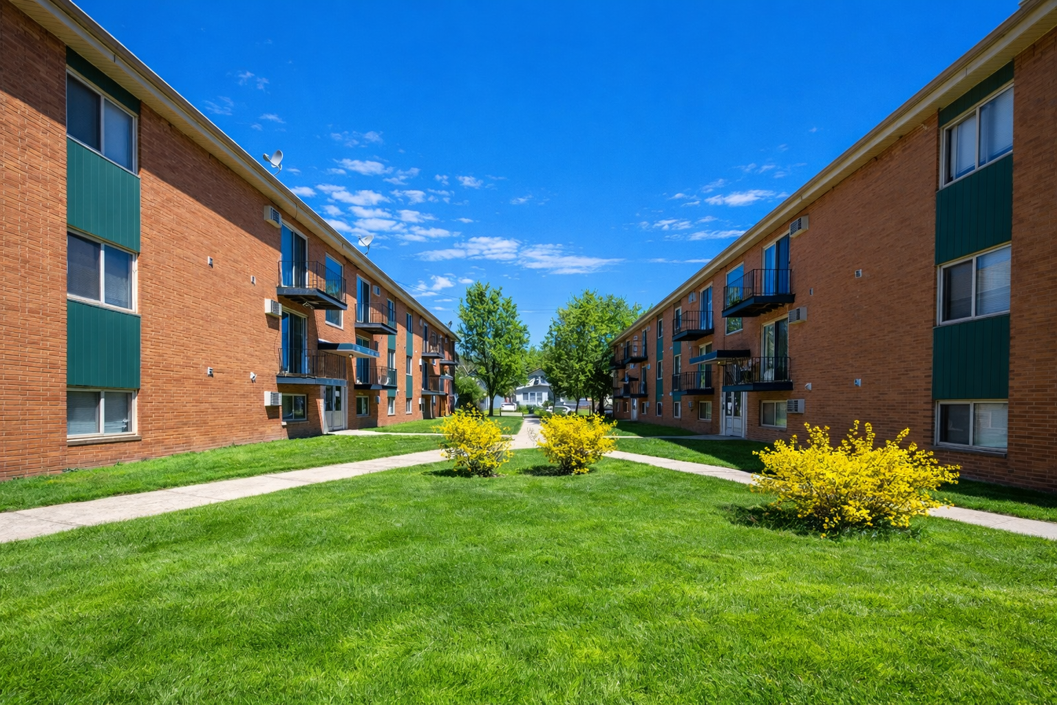 Two matching red-brick apartment buildings face each other across a green lawn with two small yellow bushes.