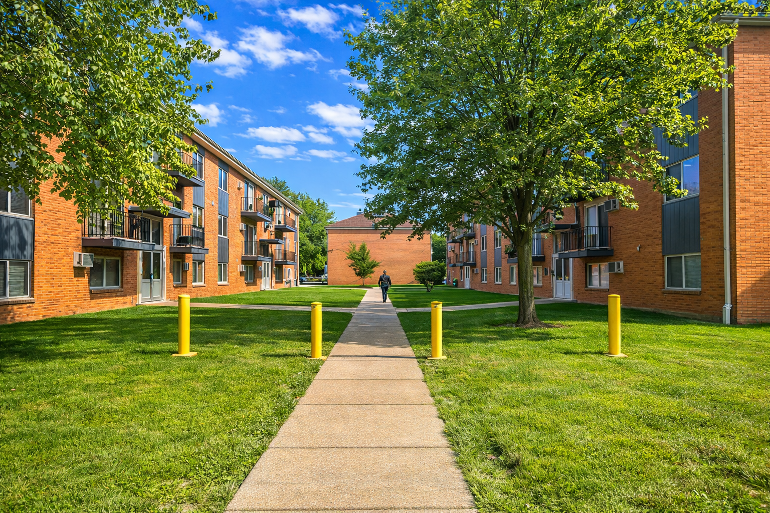 A concrete walkway leads between two red-brick apartment buildings with green lawns and trees under a blue sky.