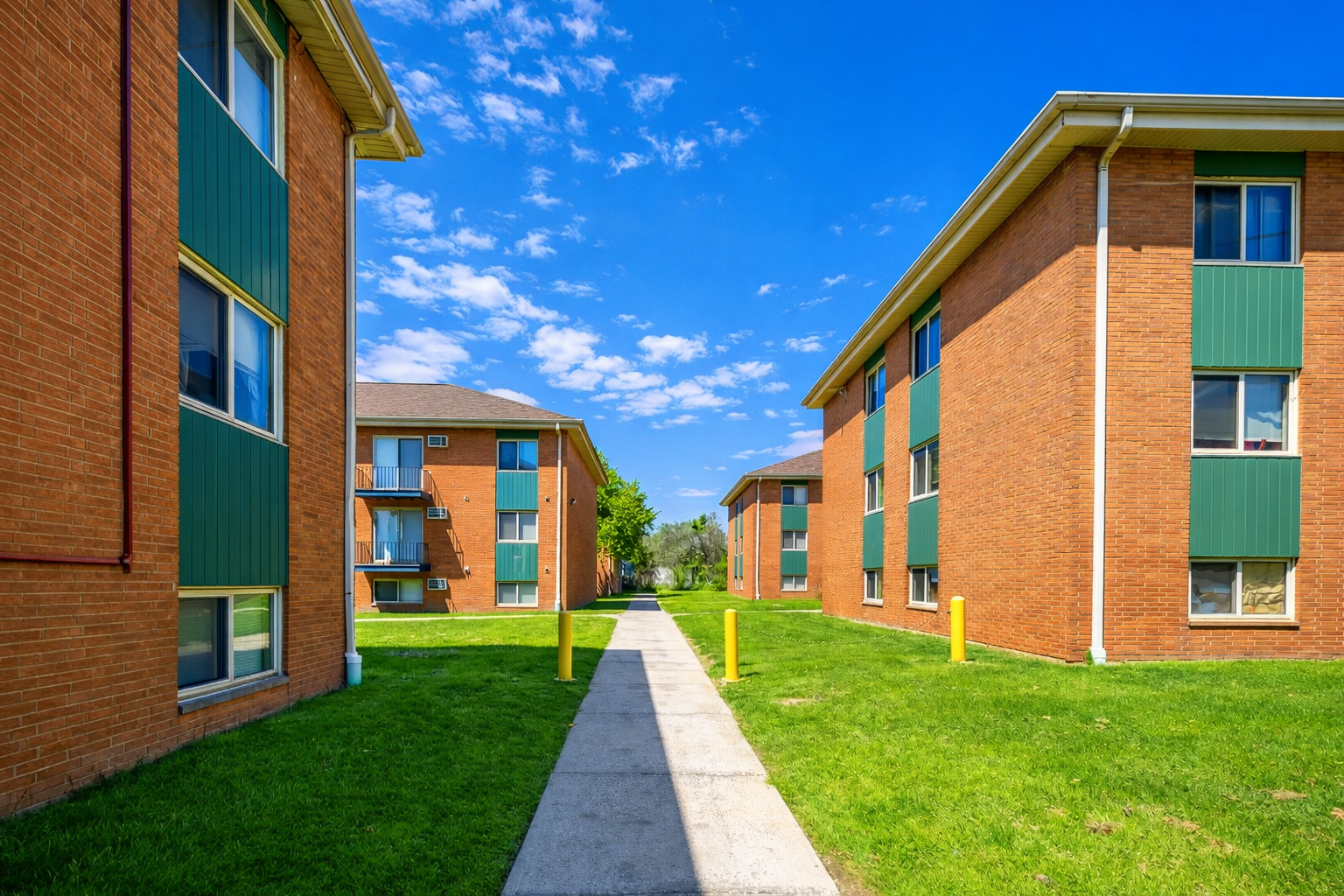 A straight concrete path runs between several multi-story red brick apartment buildings with green accents under a blue sky.
