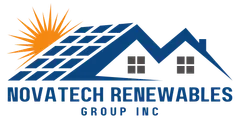 Logo for Novatech Renewables Group Inc featuring a house icon with a solar panel roof and a sunrise behind it.