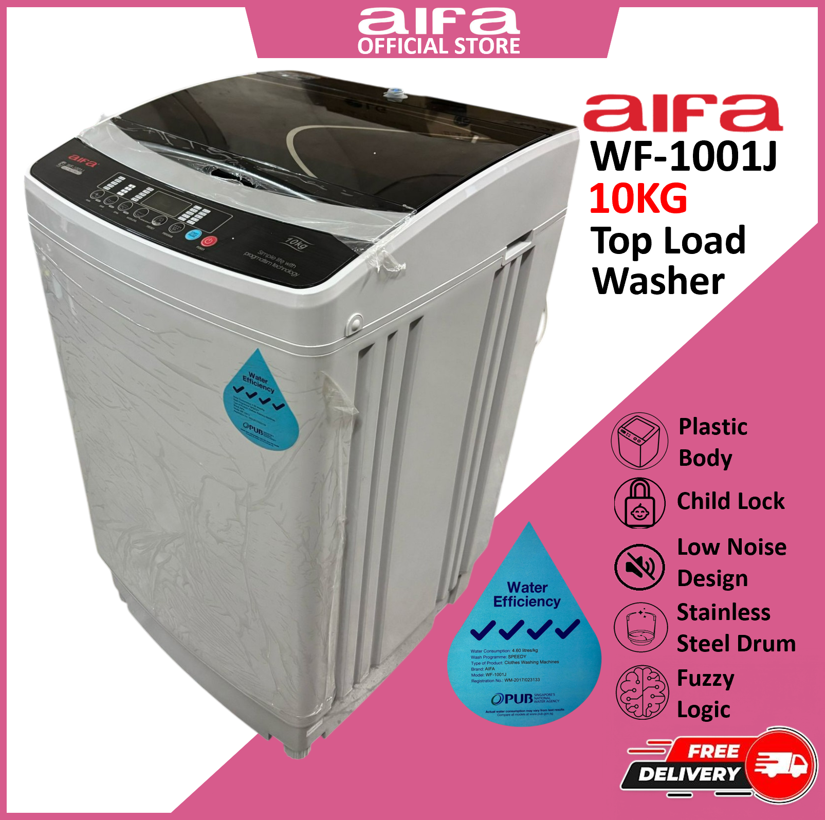 Aifa Washing Machine, Top Load, 10kg washing capacity, Certified Water Efficiency(4 Ticks) - WF-1001J
