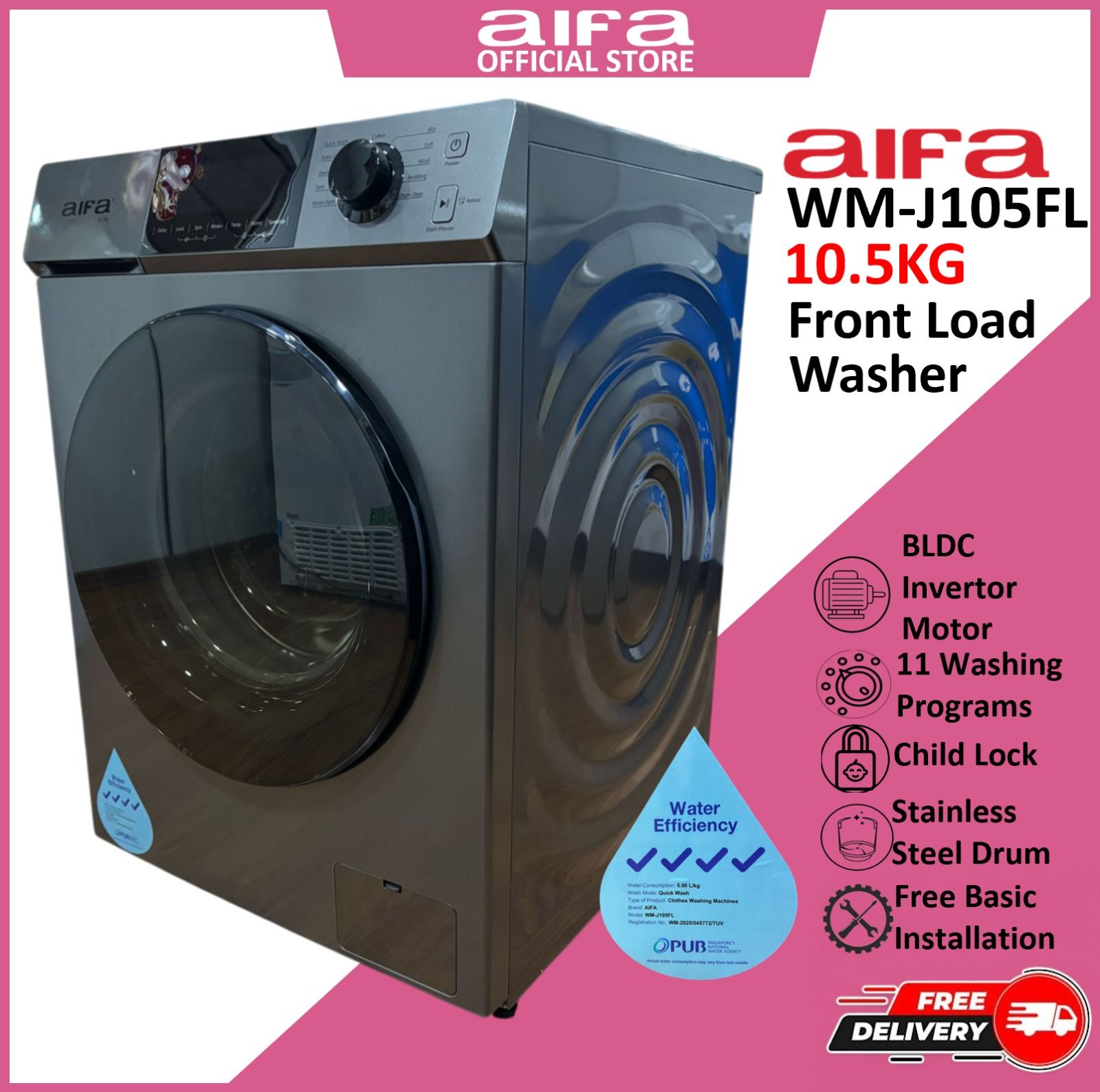 Aifa Washing Machine, Front Load- 10.5 kg washing capacity, 4 ticks certified, WM-J105FL