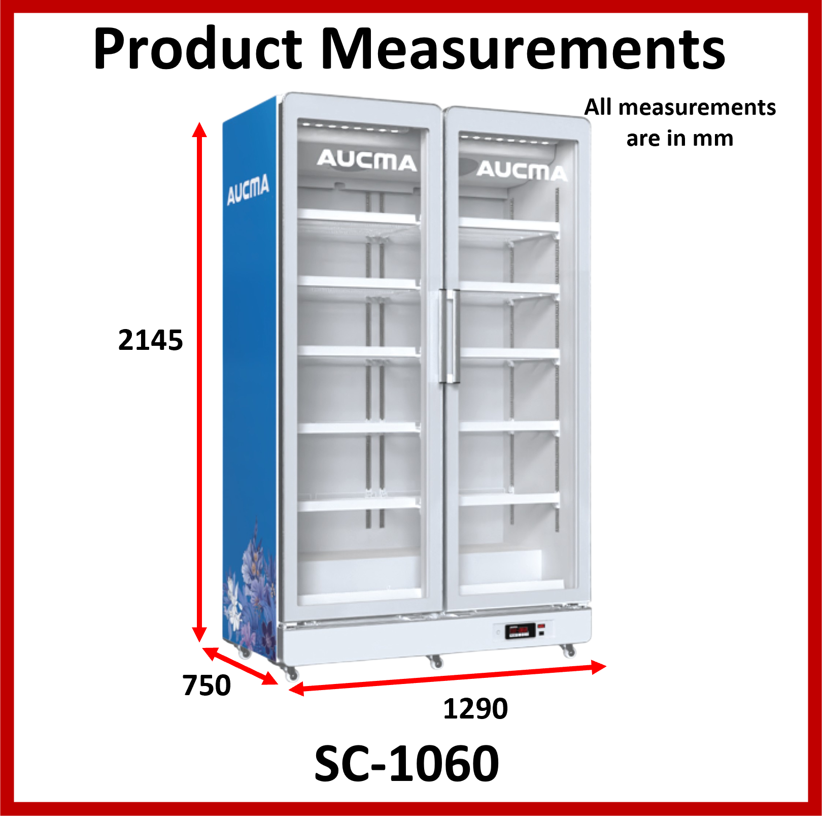 Aucma SC-1060 2 Door Cooler Showcase, Frameless Glass Door for a sleek look, 1060L capacity