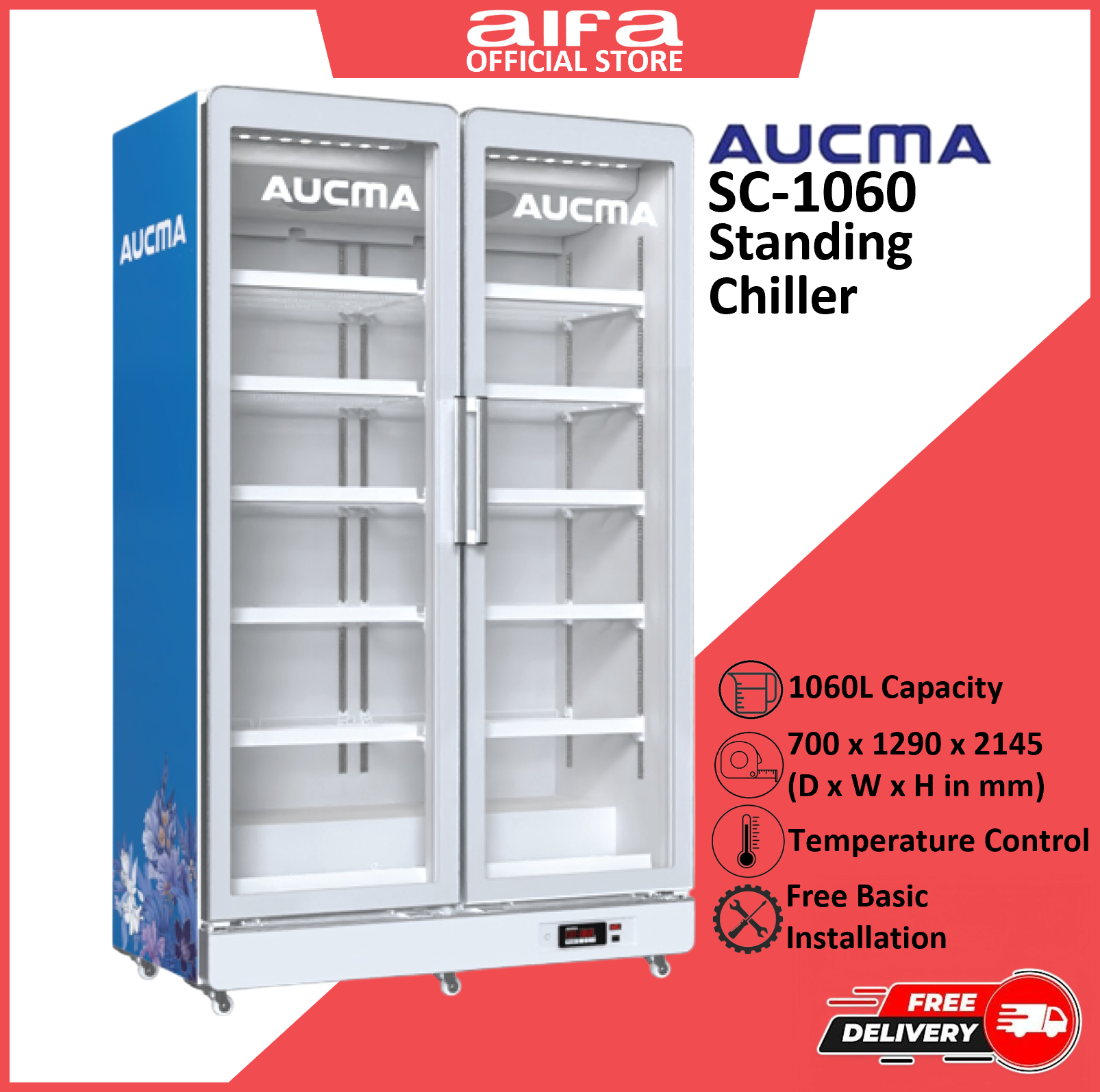 Aucma SC-1060 2 Door Cooler Showcase, Frameless Glass Door for a sleek look, 1060L capacity