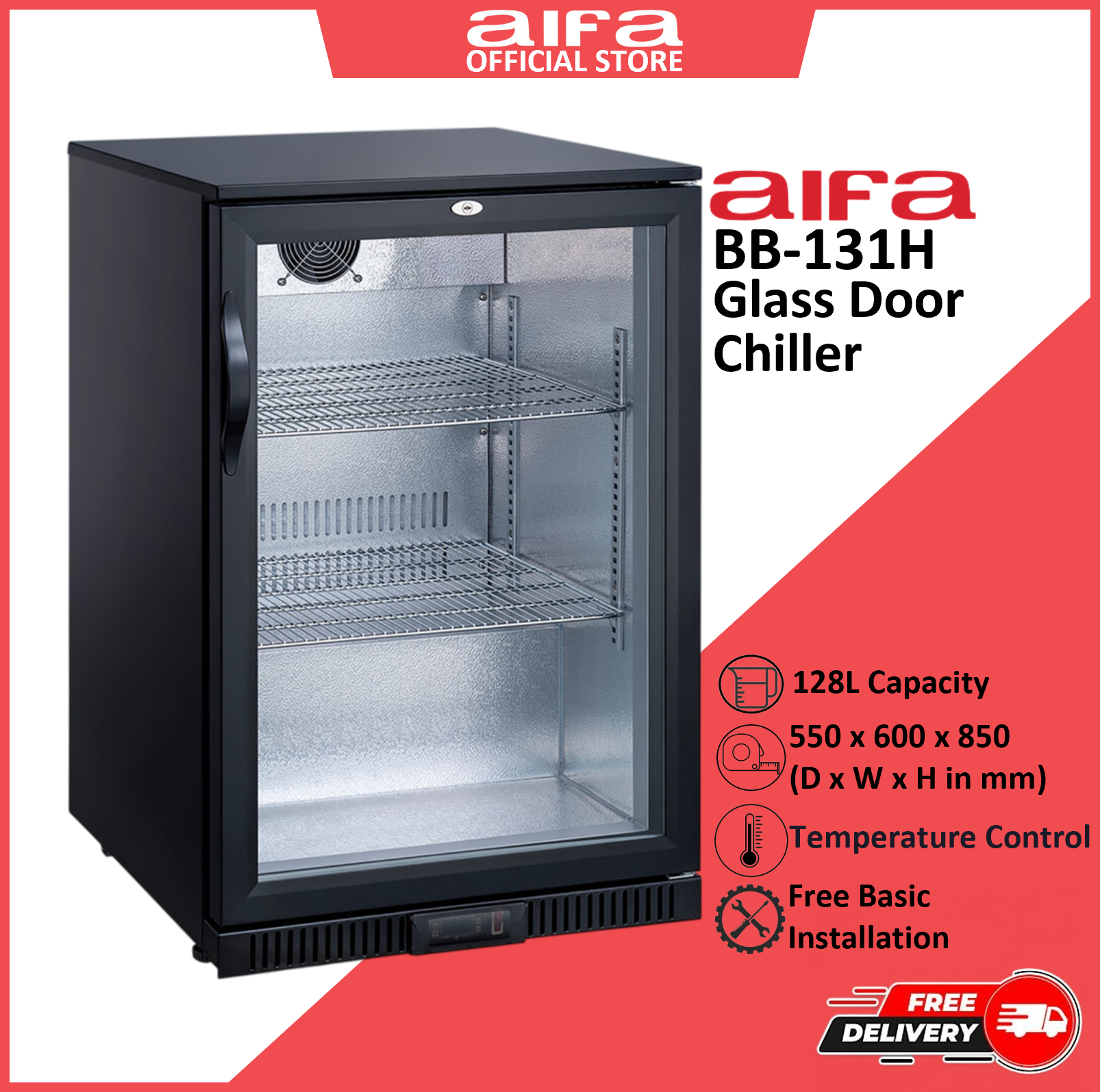 Aifa Glass Door Chiller, 128L Capacity, Convenient Self-Close Mechanism - BB-131H