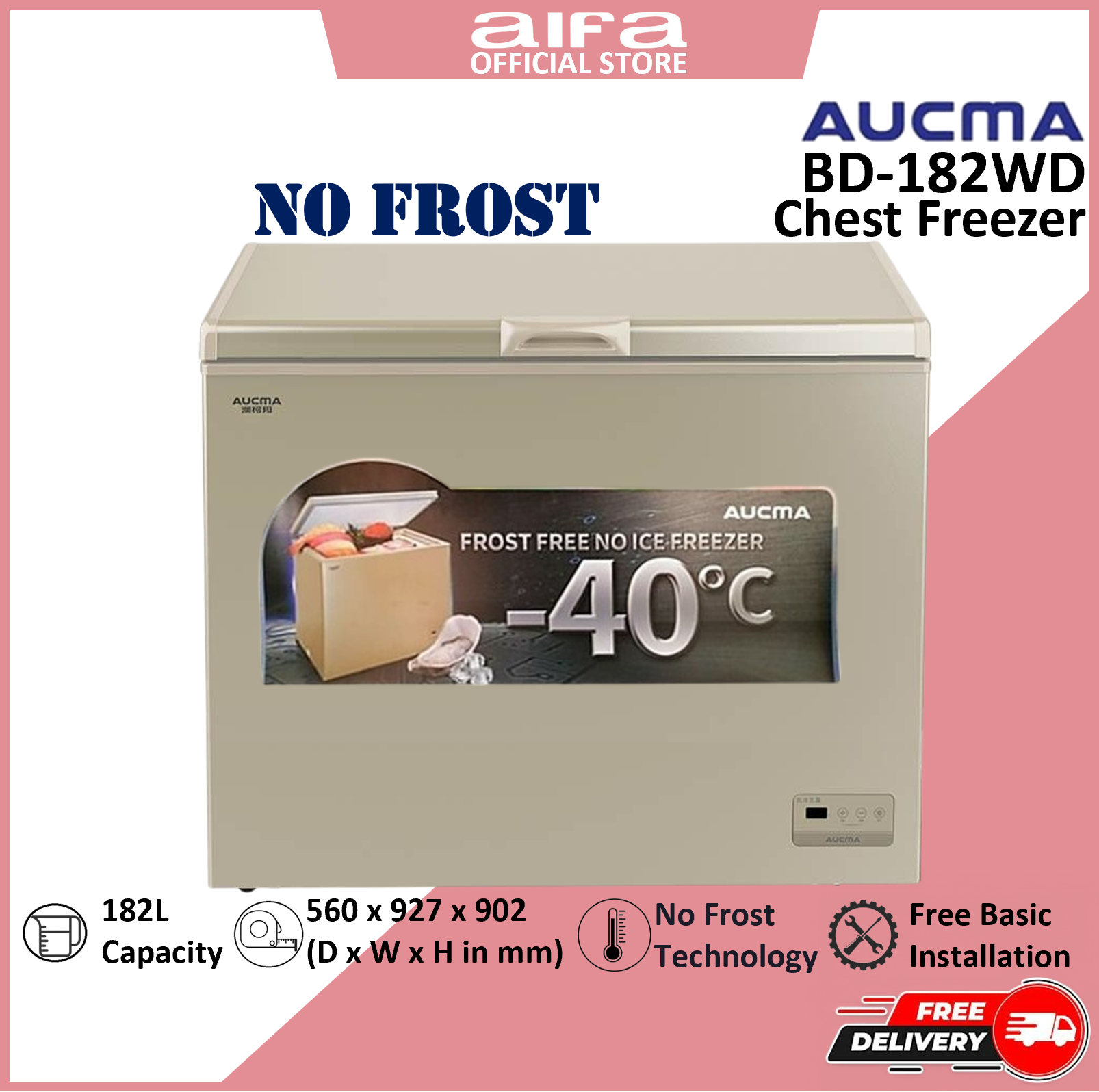 Aucma Commercial Chest Freezer, No Frost, 182L Capacity, Top Opening Door - BD-182WD