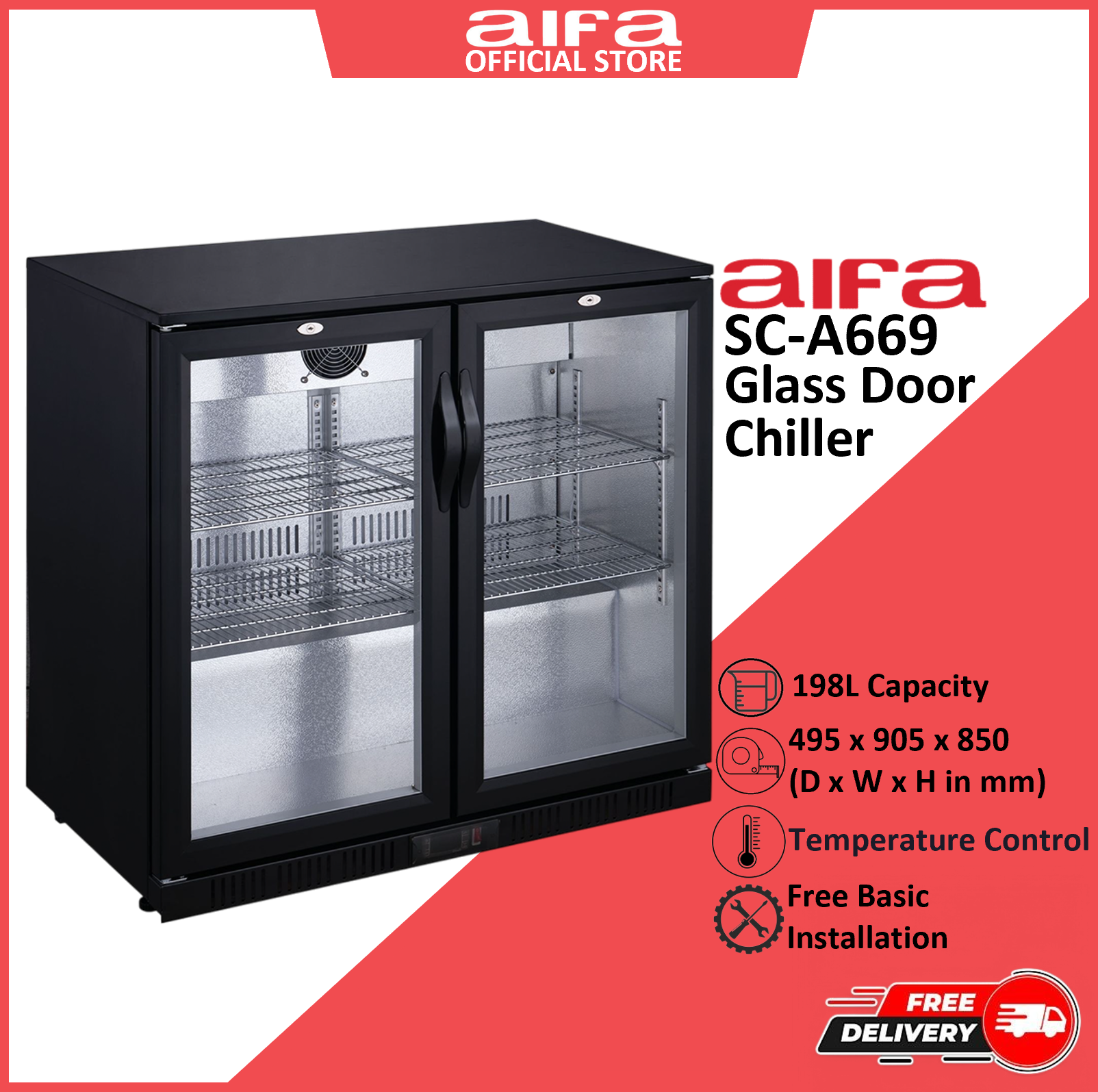 Aifa Glass Door Chiller, 198L Capacity, Convenient Self-Close Mechanism - BB-202H