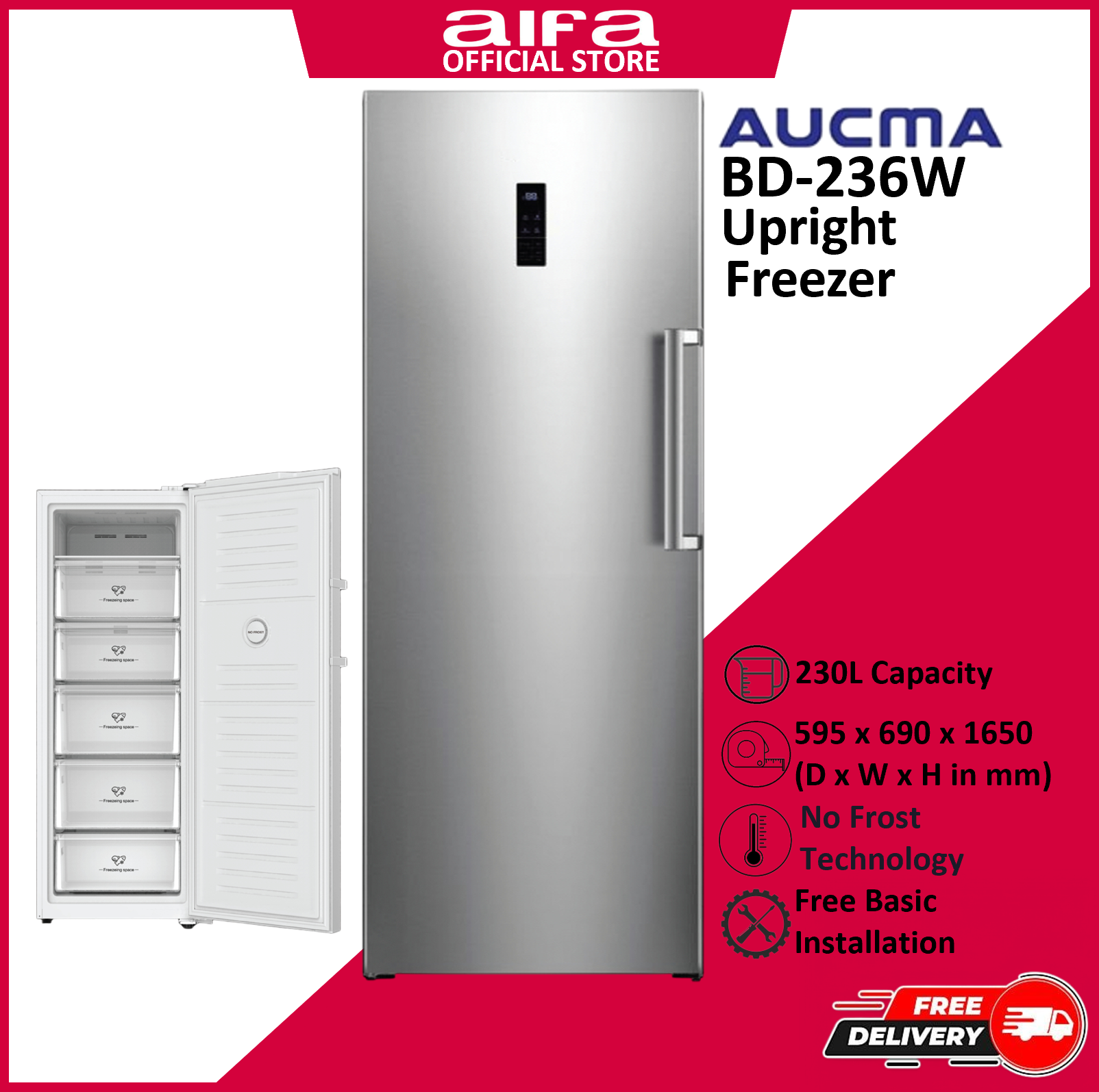 Aucma Upright Standing Freezer, Spacious drawers,  230L Capacity - BD-236W