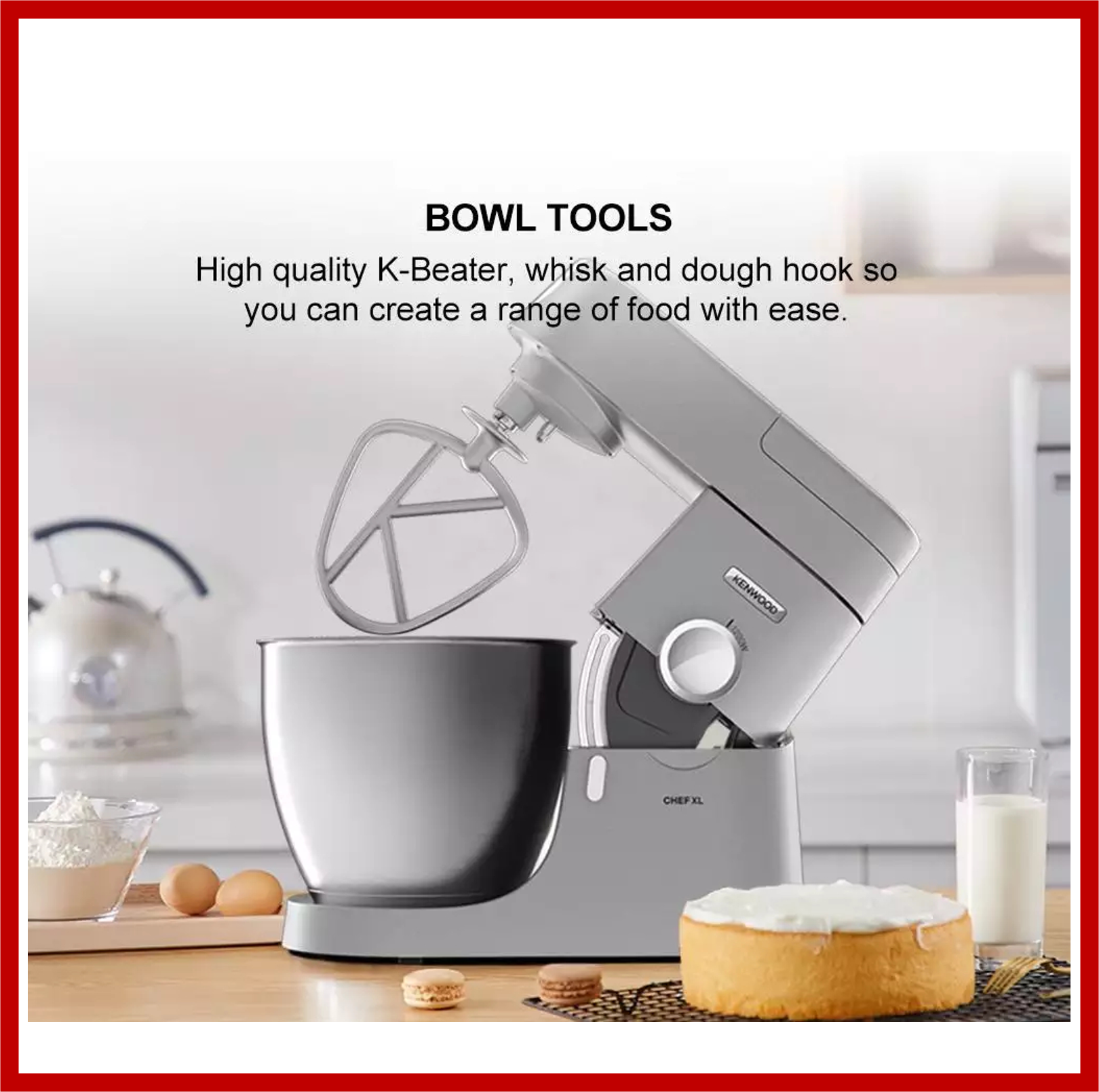Kenwood Chef XL Stand Mixer KVL4100W, Stainless Steel Bowl, 1200W Motor, Whisk and Dough Hook Attachments