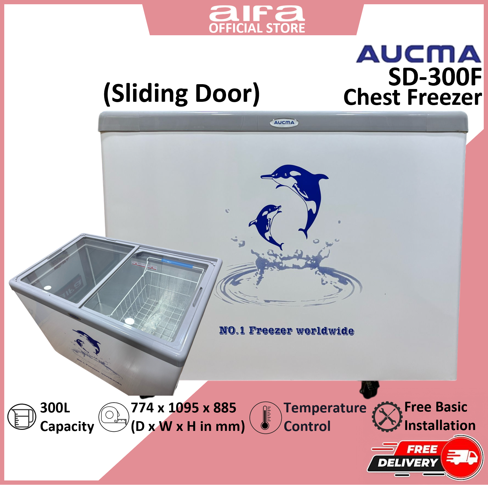 Aucma SD-300F Sliding Door Chest Freezer, 300L Capacity, easy access and efficient storage