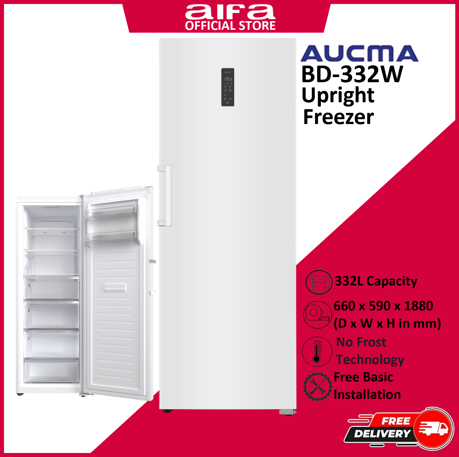 Aucma Upright Standing Freezer, Spacious drawers,  332L Capacity - BD-332W