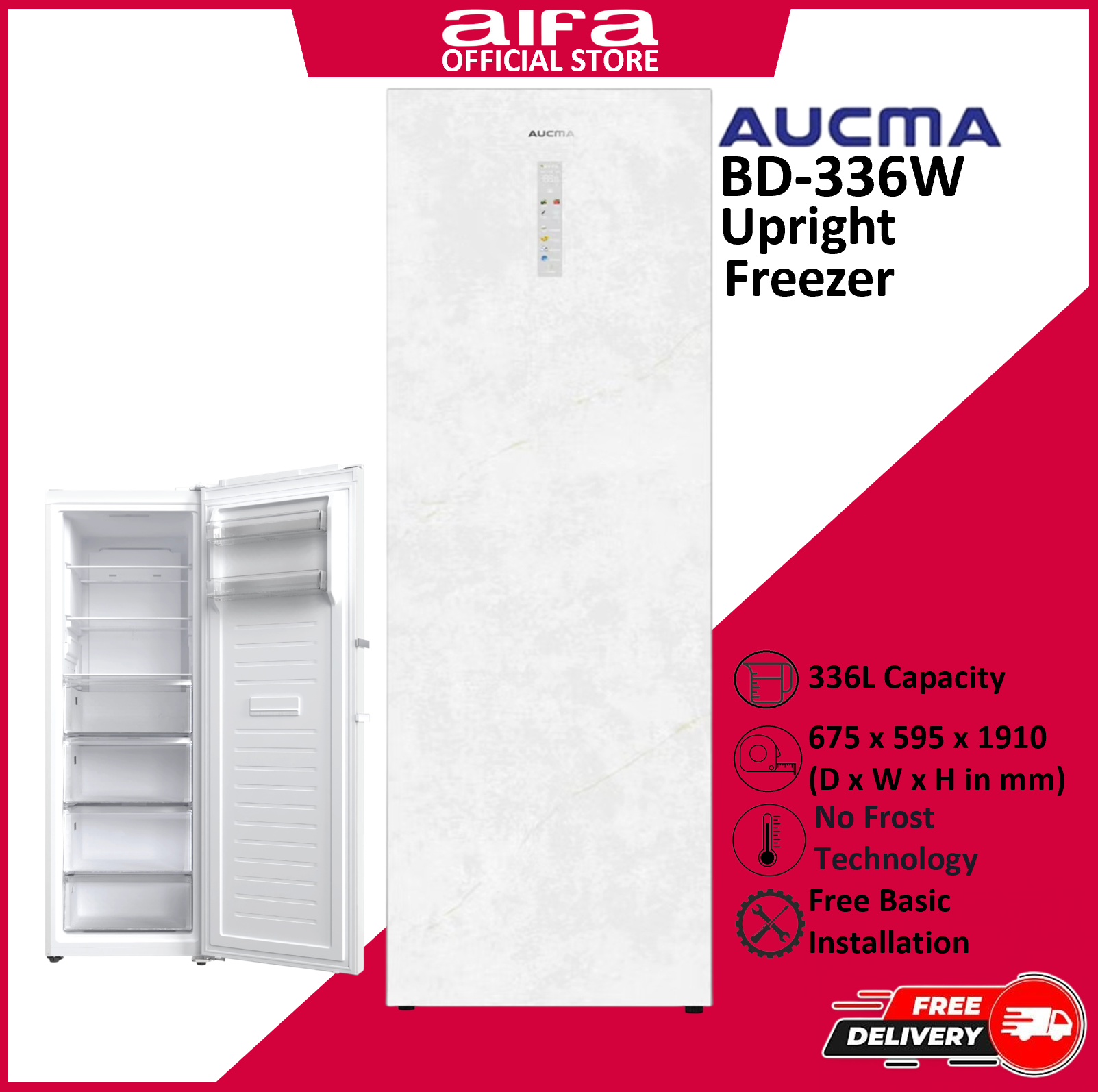 Aucma Upright Standing Freezer, Spacious drawers,  336L Capacity - BD-336W