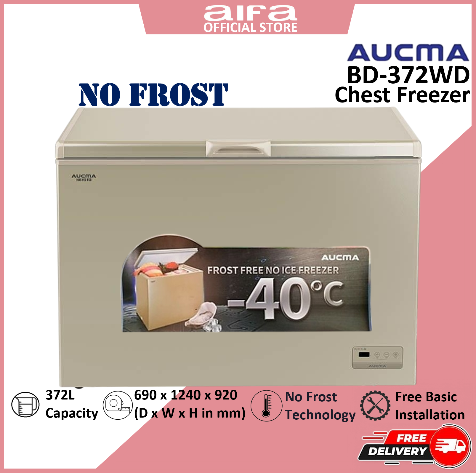Aucma Commercial Chest Freezer, No Frost, 372L Capacity, Top Opening Door - BD-372WD