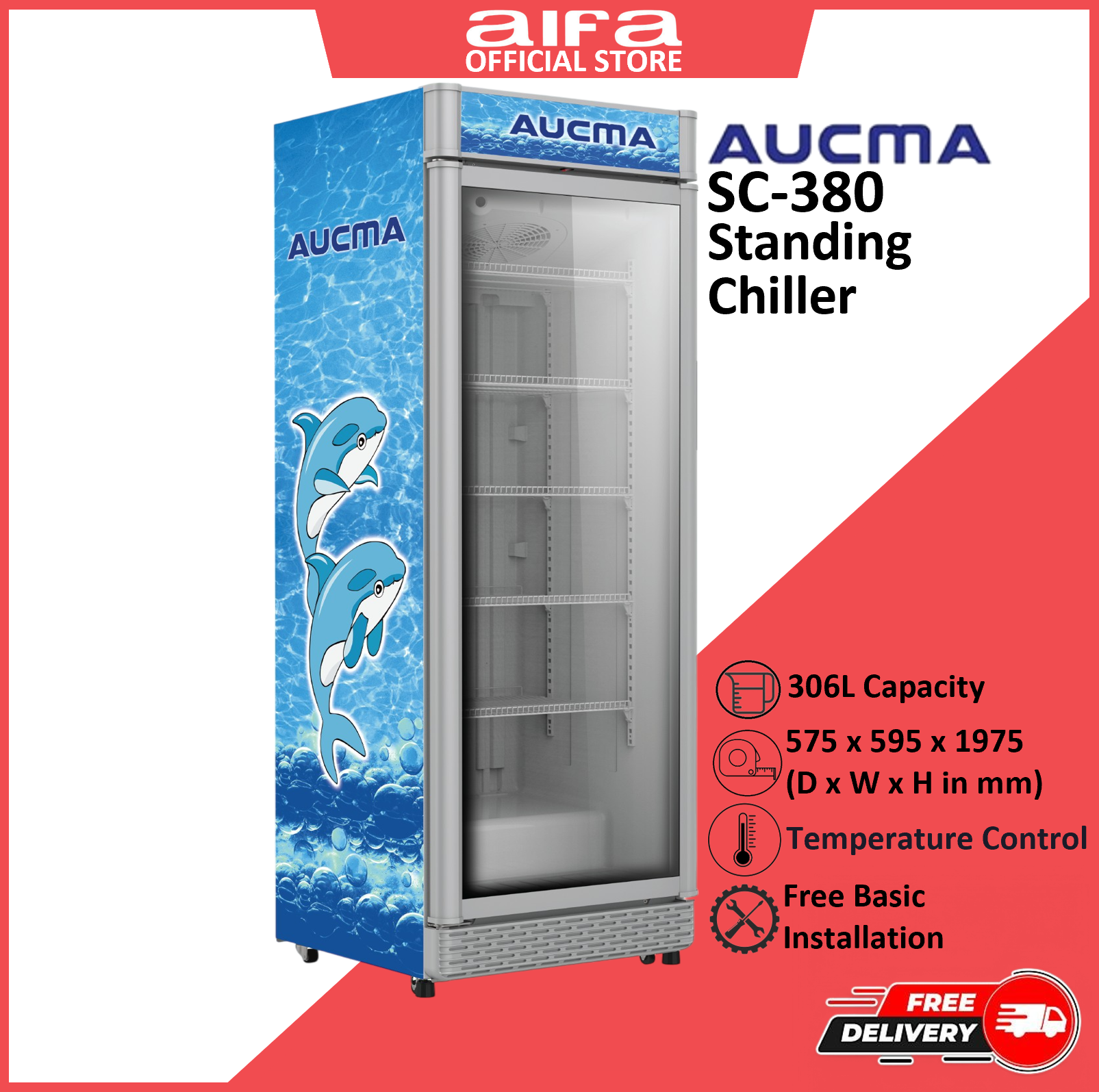 Aucma SC-380 Standing Chiller Showcase, 365L capacity, Ventilation Cooling System