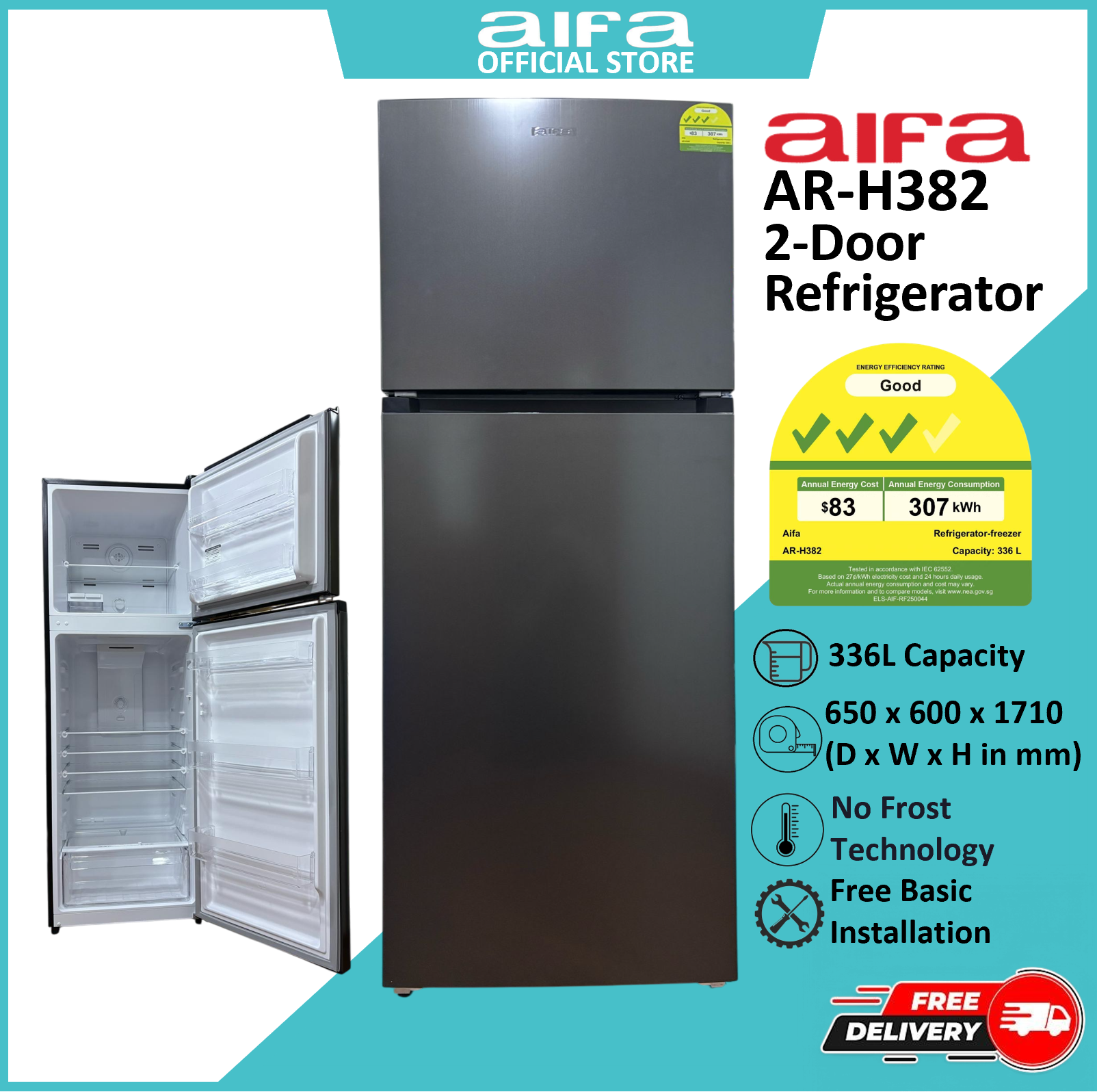 Aifa 2 Door Refrigerator - Top Freezer, No Frost Technology, 330L - AR-H382