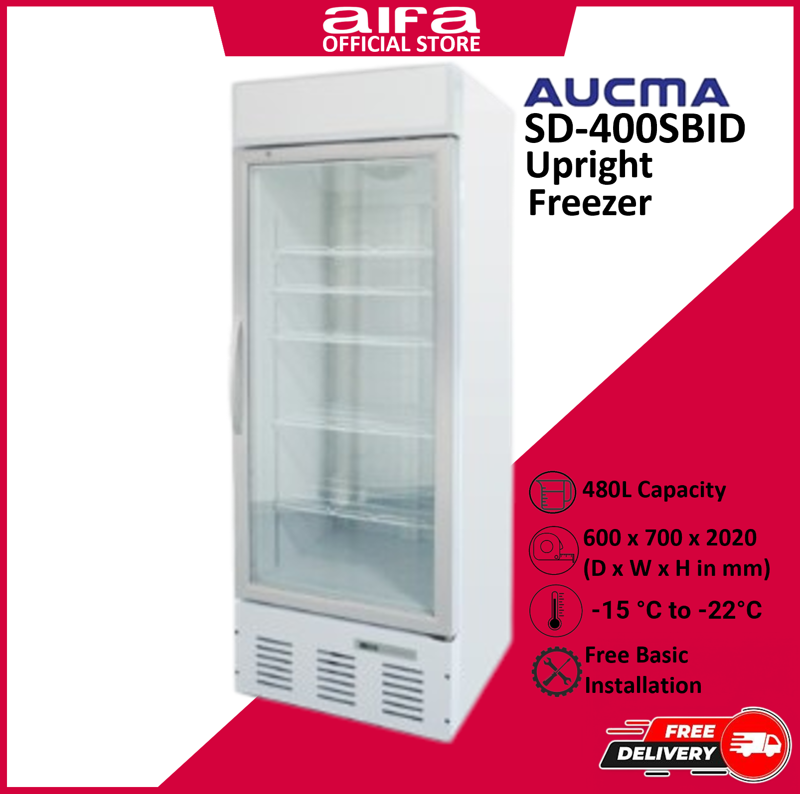 Aucma SD-400SBID Display Freezer, 480L capacity, Clear glass display, Adjustable shelves