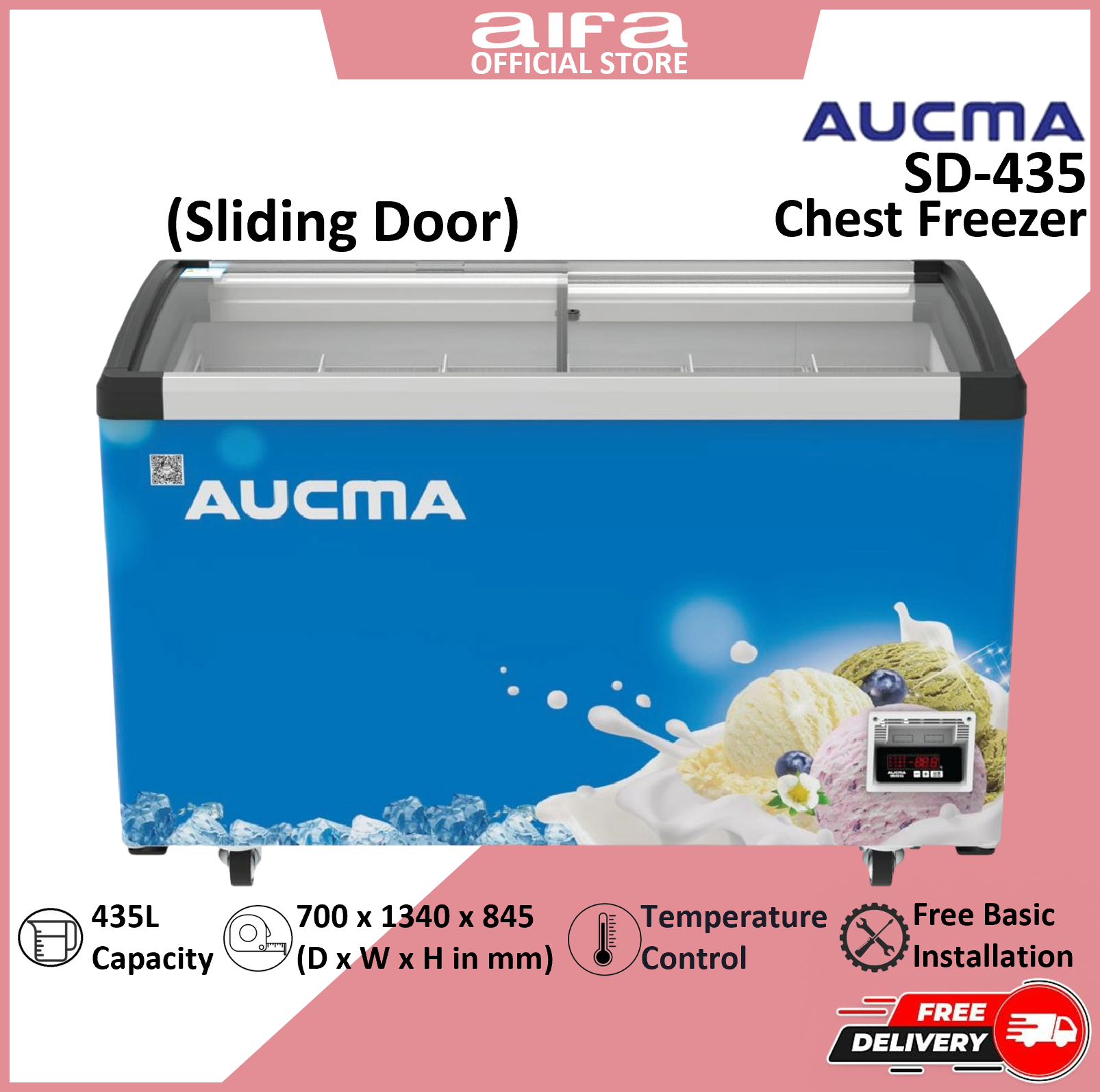Aucma Sliding Door Chest Freezer, Frameless glass door design, 435L Capacity - SD-435