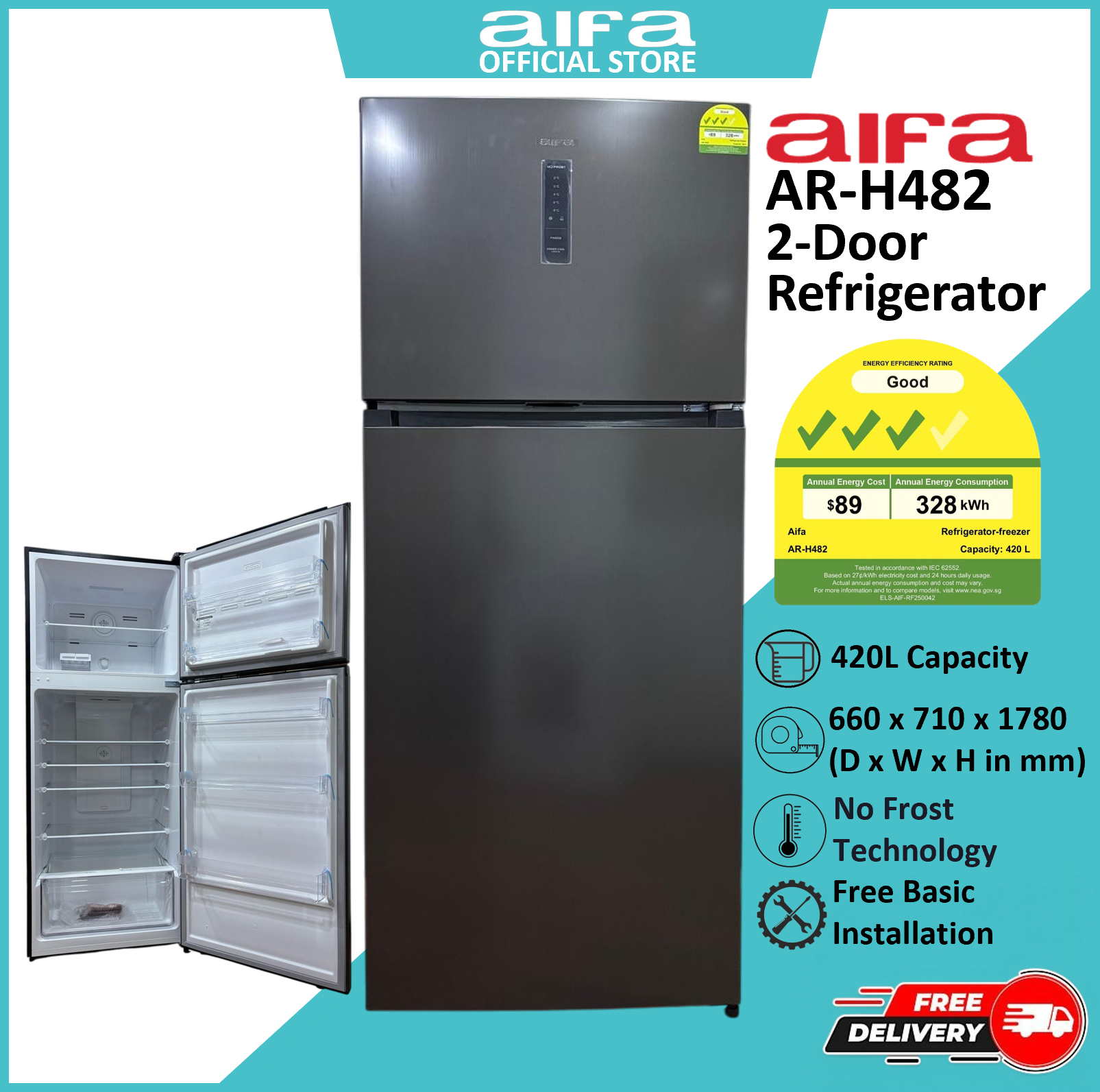 Aifa 2 Door Top Freezer Refrigerator, 420L capacity, No Frost - AR-H482