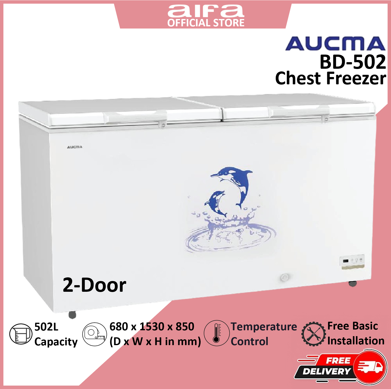 Aucma 2 Door Chest Freezer, Top Opening Door, 502L Capacity - BD-502