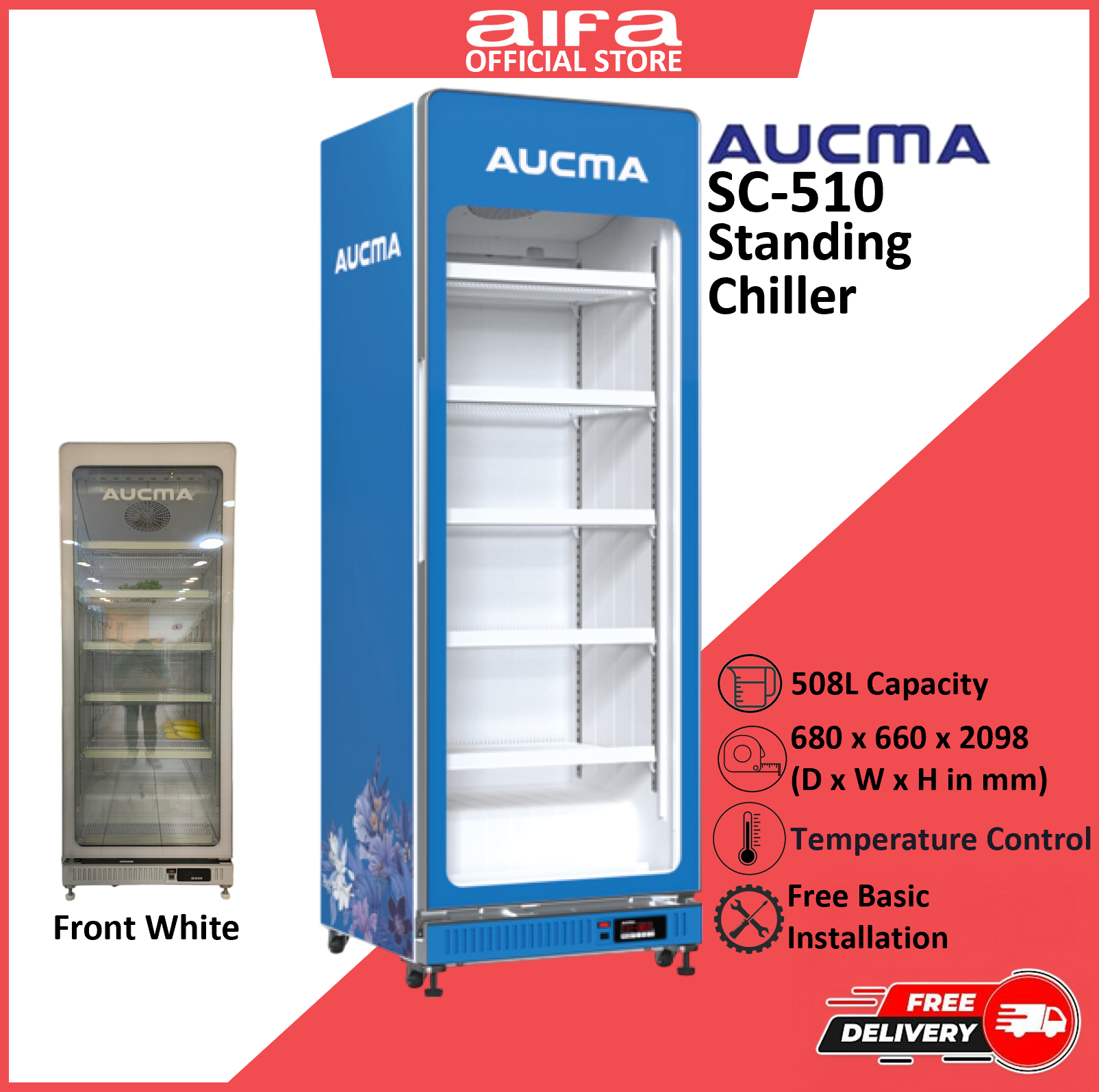 Aucma SC-510 Chiller Showcase, 508L, Step compartment for more display, Air Cooling