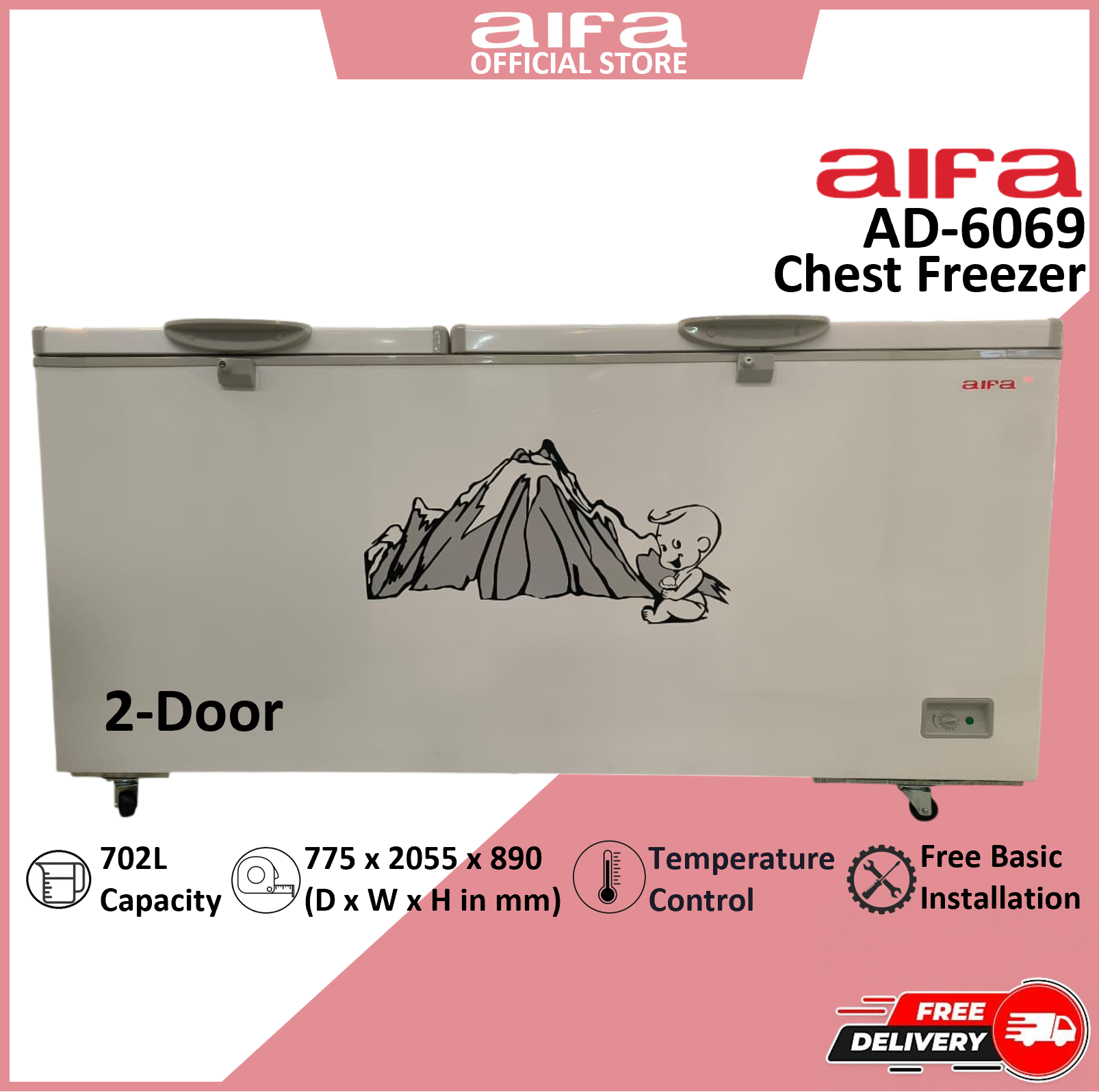 Aifa 2 Door Chest Freezer, Top Opening Door, 606L  Capacity - AD-6069