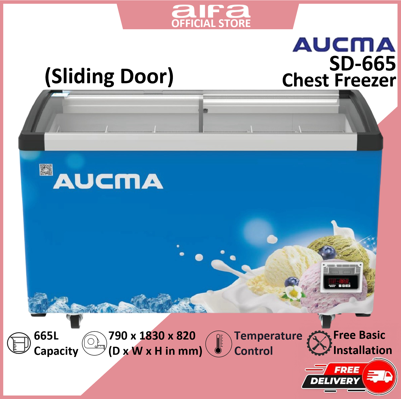 Aucma Sliding Door Chest Freezer, Frameless glass door design, 665L Capacity - SD-665