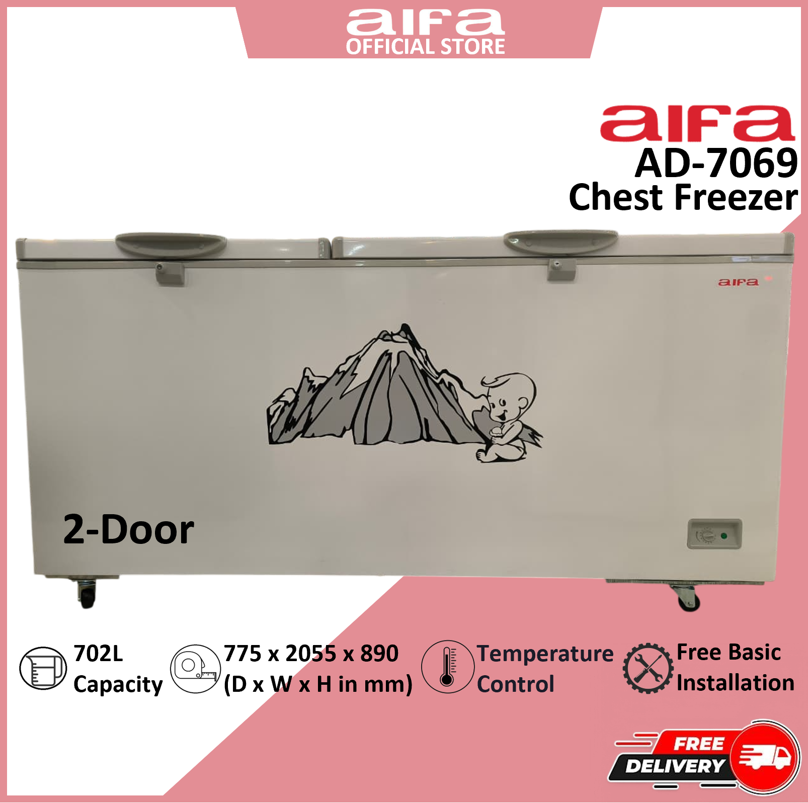Aifa 2 Door Chest Freezer, Top Opening Door, 720L Capacity - AD-7069