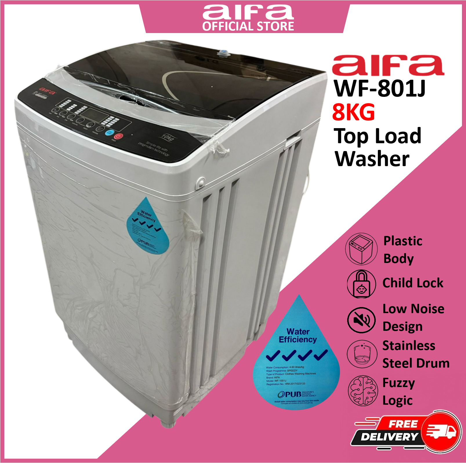 Aifa Washing Machine, Top Load, 8kg - washing capacity, Certified Water Efficiency(4 Ticks) - WF-801J