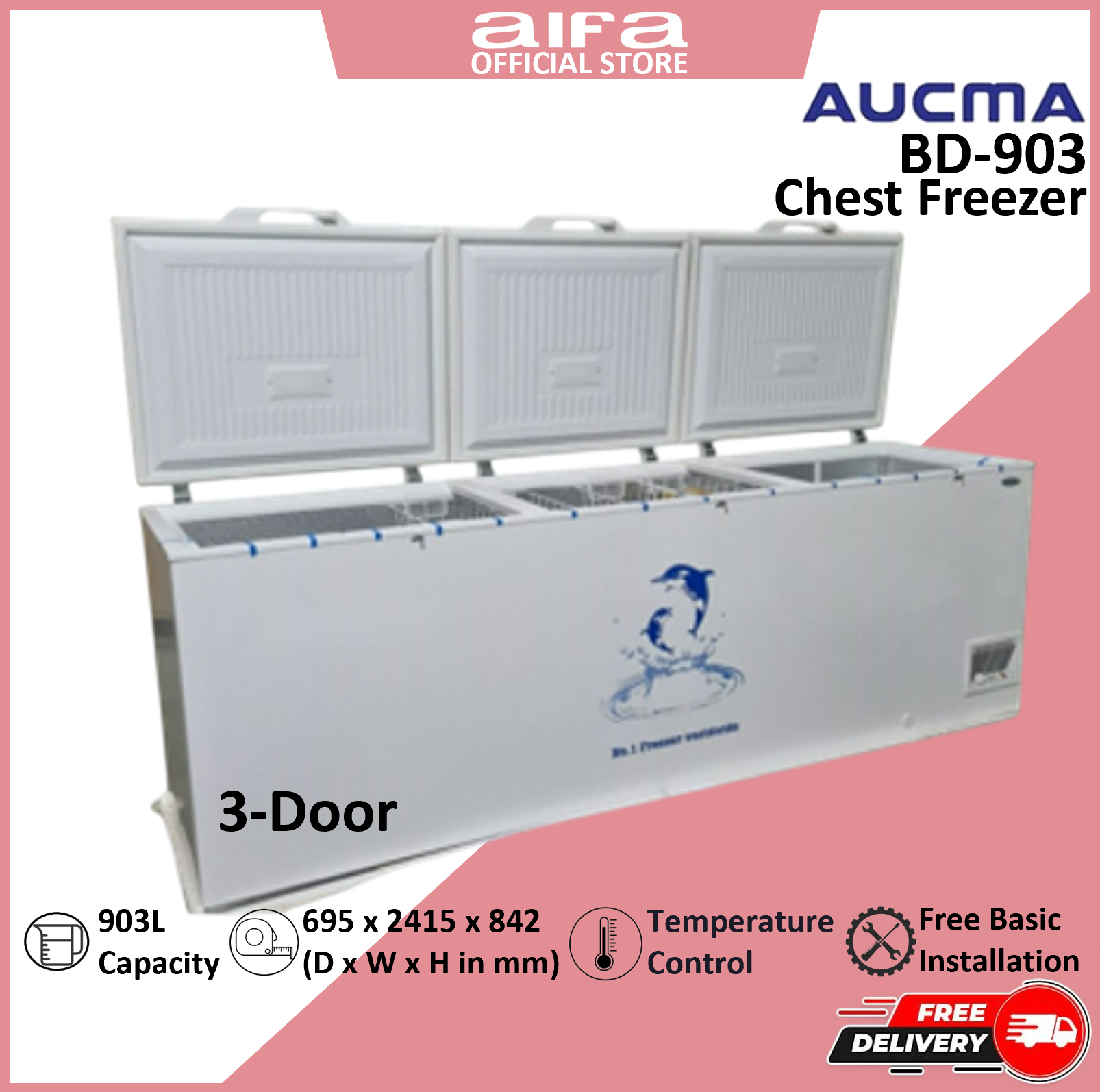 Aucma BD-903 3-Door Chest Freezer, 903L capacity, Ideal for large households or commercial settings