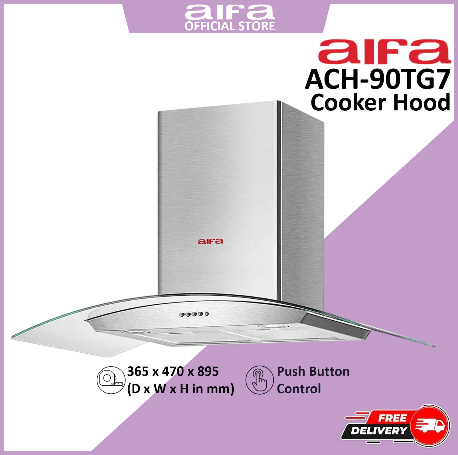 Aifa ACH-90TG7 Curved Chimney Cooker Hood, Stainless Steel w/ Glass, 90cm, Air capacity : Max 1200m3/h