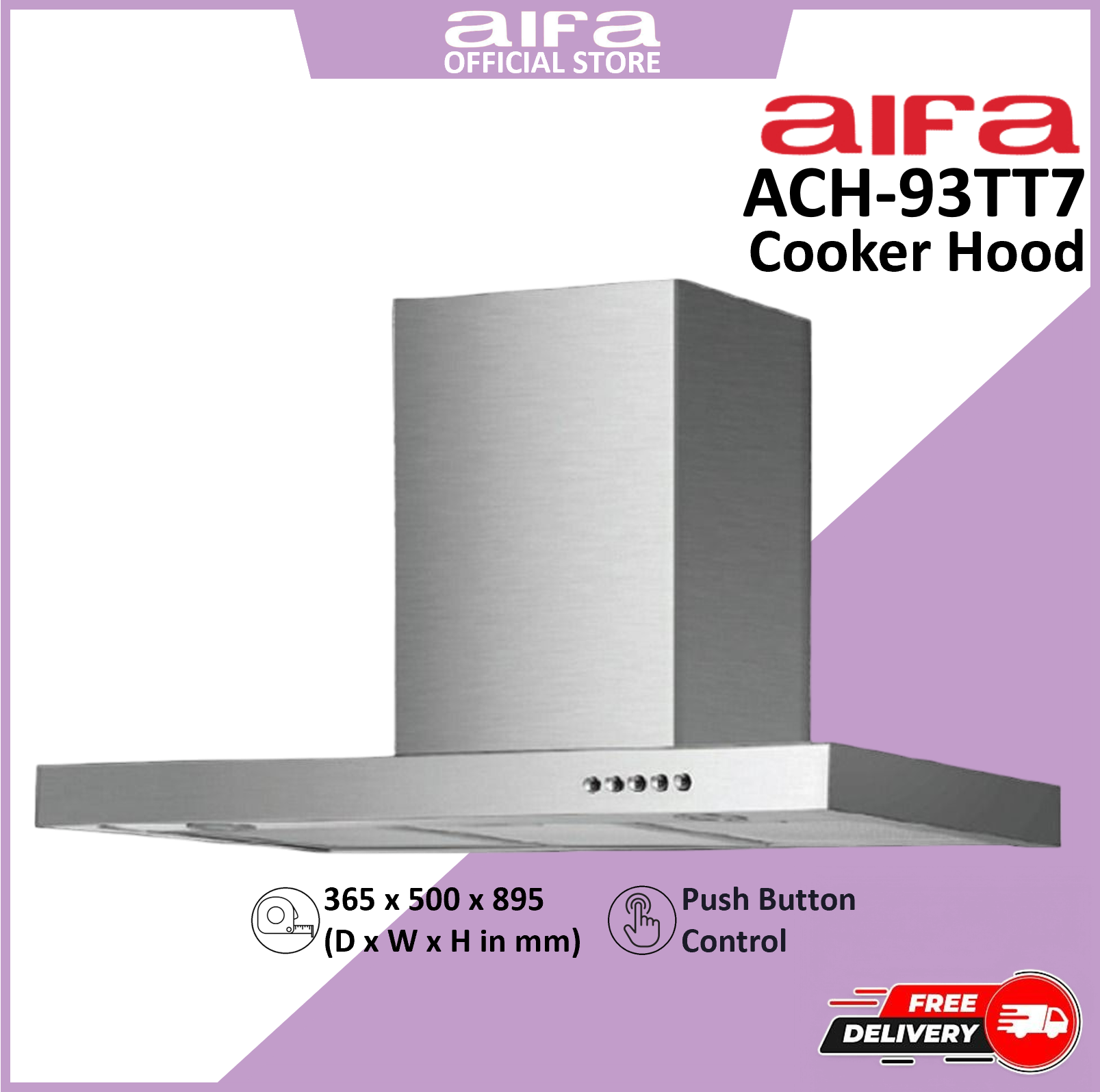 Aifa ACH-93TT7 Chimney Cooker Hood, Stainless Steel, Easy to use Push Button Controls, 1000m³/hr Air Flow Suction