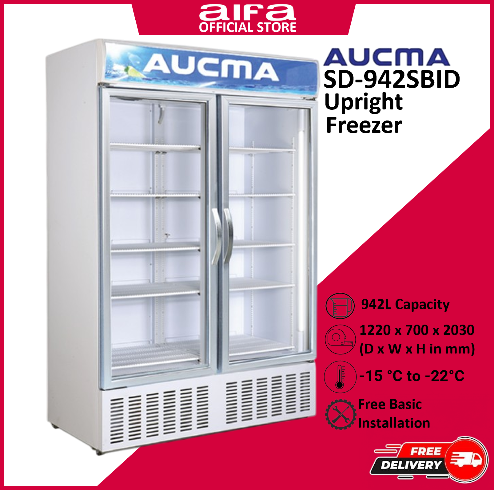 Aucma SD-942SBID Upright No Frost Ventilated Display Freezer, -15°C to -22°C, 942L capacity