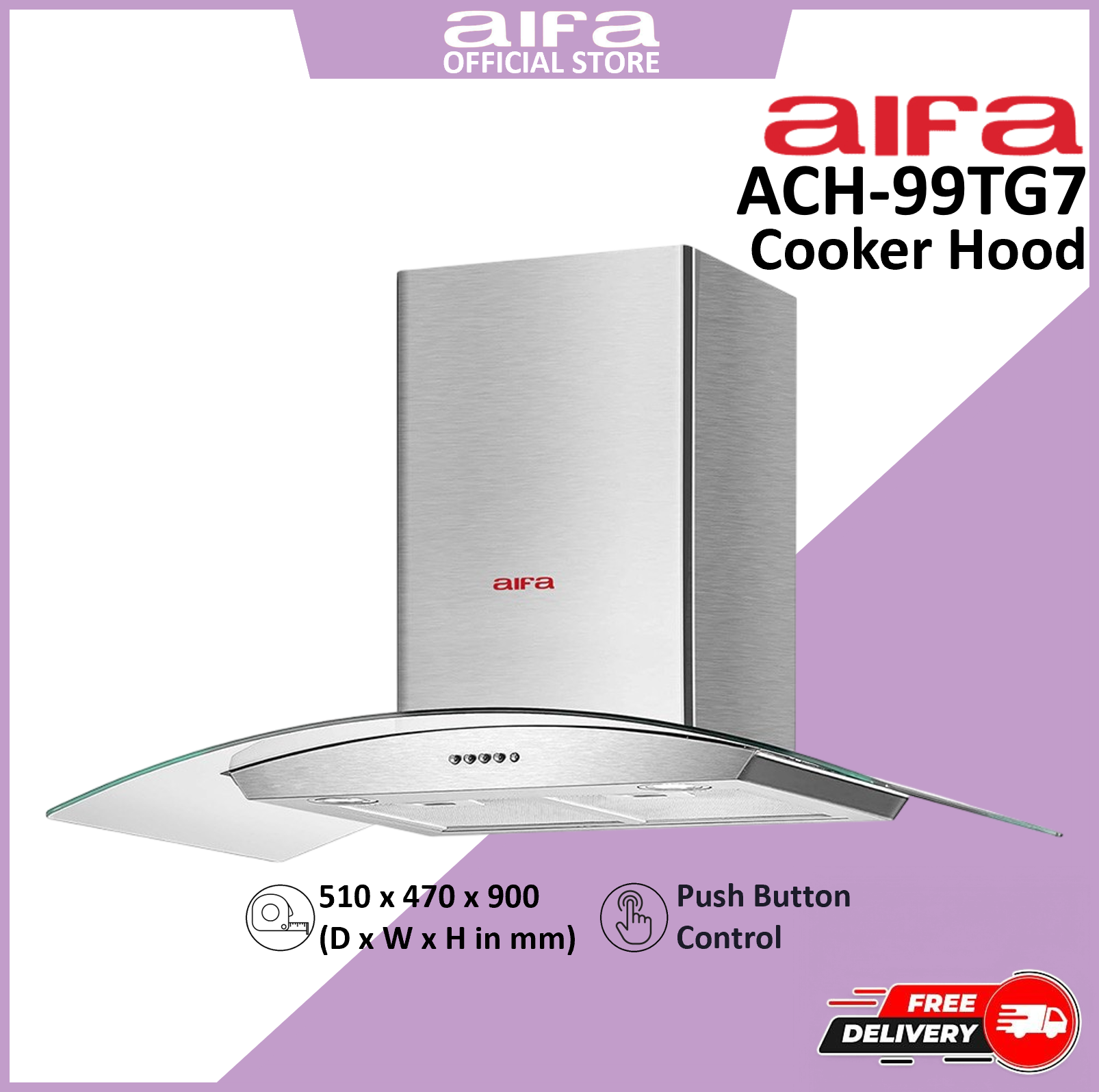 Aifa ACH-99TG7 Curved Chimney Cooker Hood, 90 cm, Reduces cooking smell / odour & smoke
