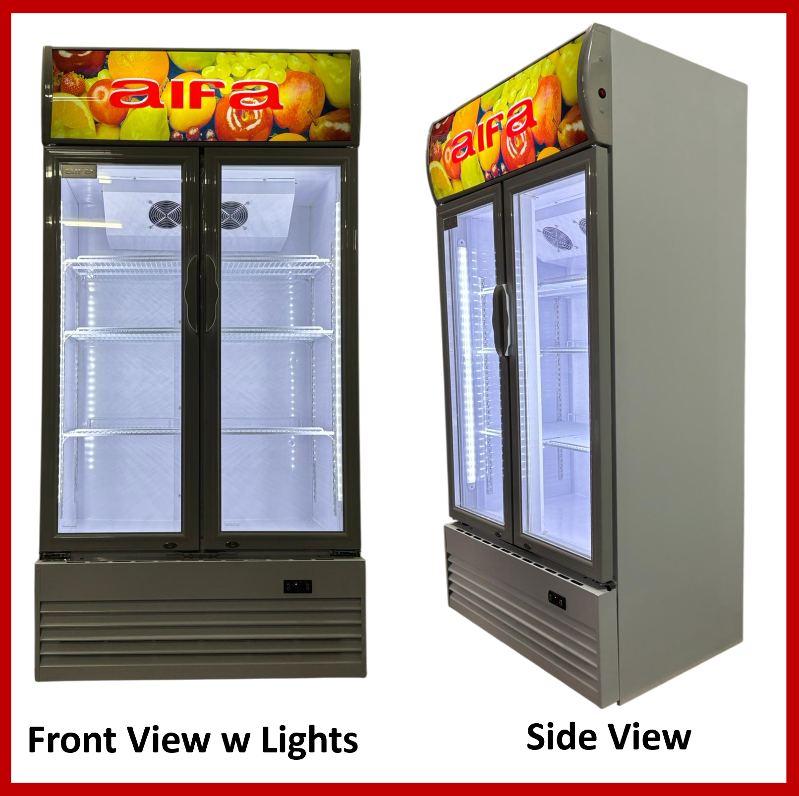 Aifa SC-A409 2 Door Standing Chiller, Adjustable Shelving, 400L Capacity, Lightings, Glass Door