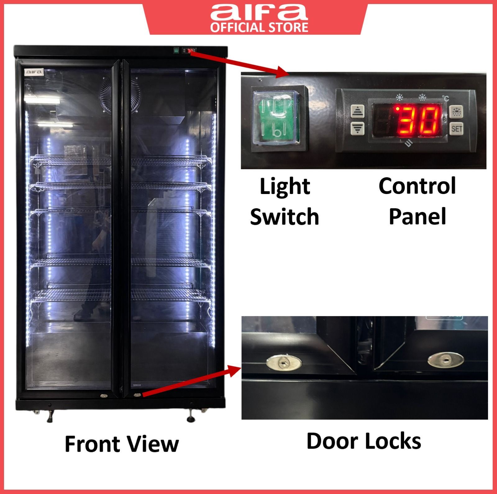 AIFA SC-P805BK 2 Door Standing Chiller, Adjustable Shelving, 676L Capacity, Lightings, Glass Door